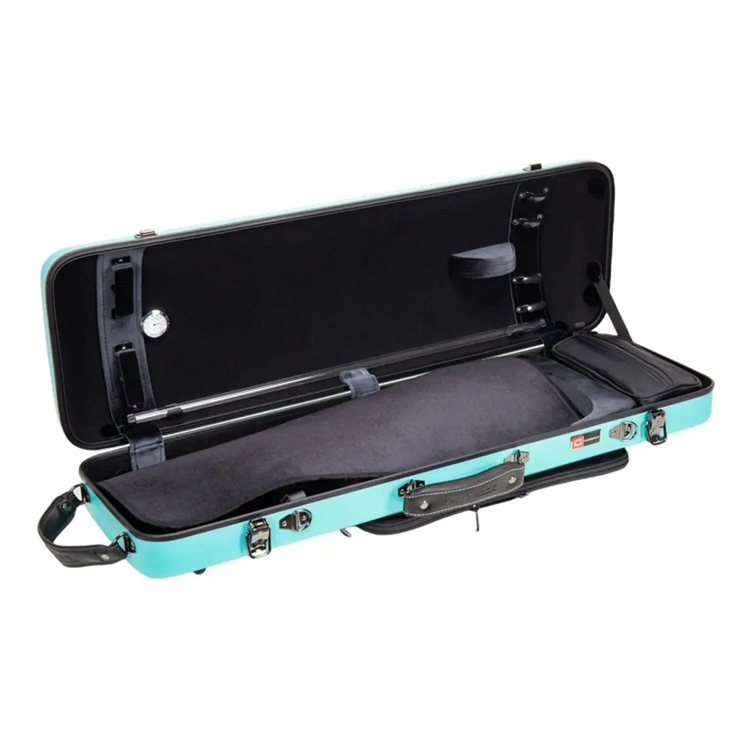 Crossrock CRF4050VF-R 4/4 violin case in mint-blue, open to show black velvet interior and hygrometer.