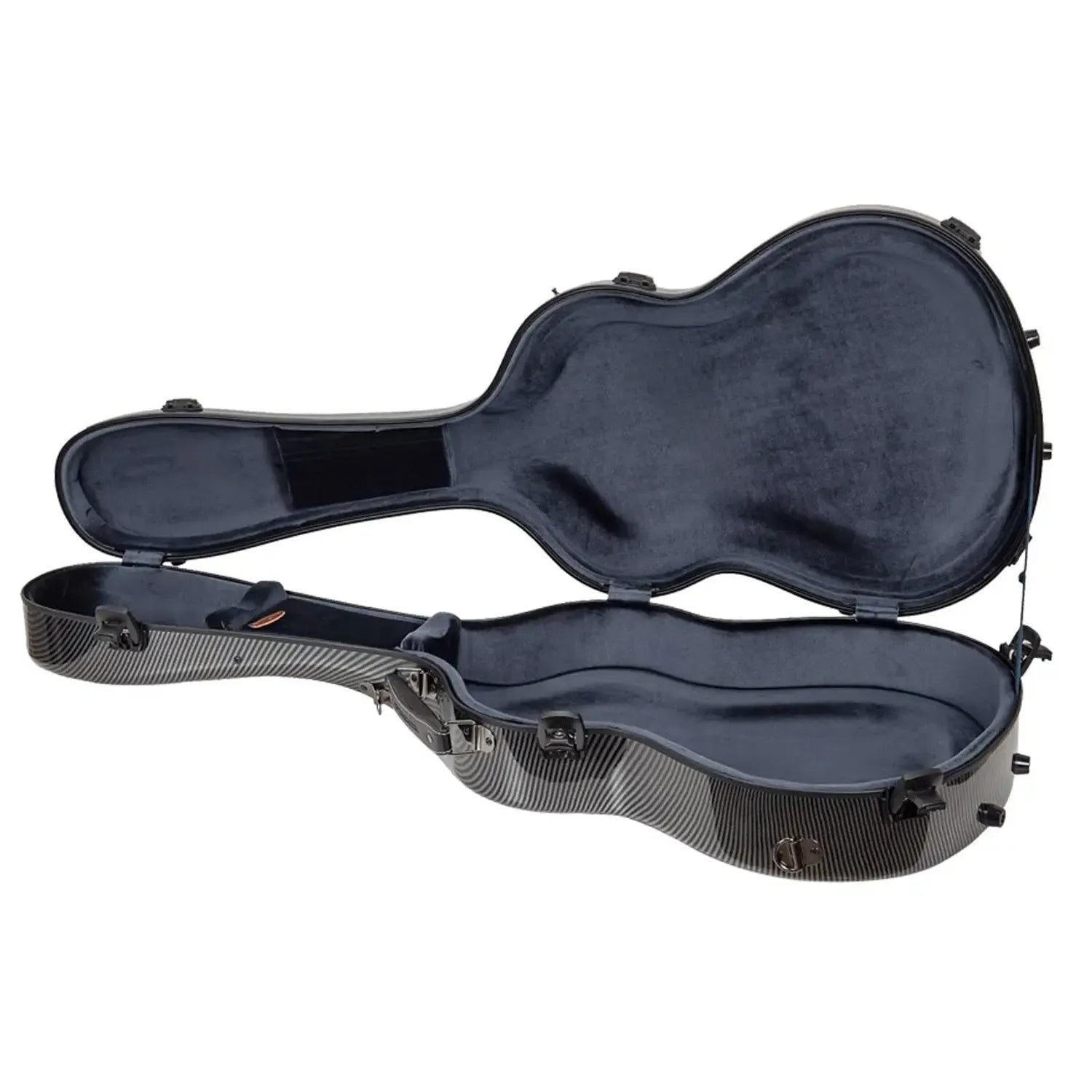 Crossrock CRF5030C ultra-light black carbon fiber classical guitar case, open with plush dark interior.