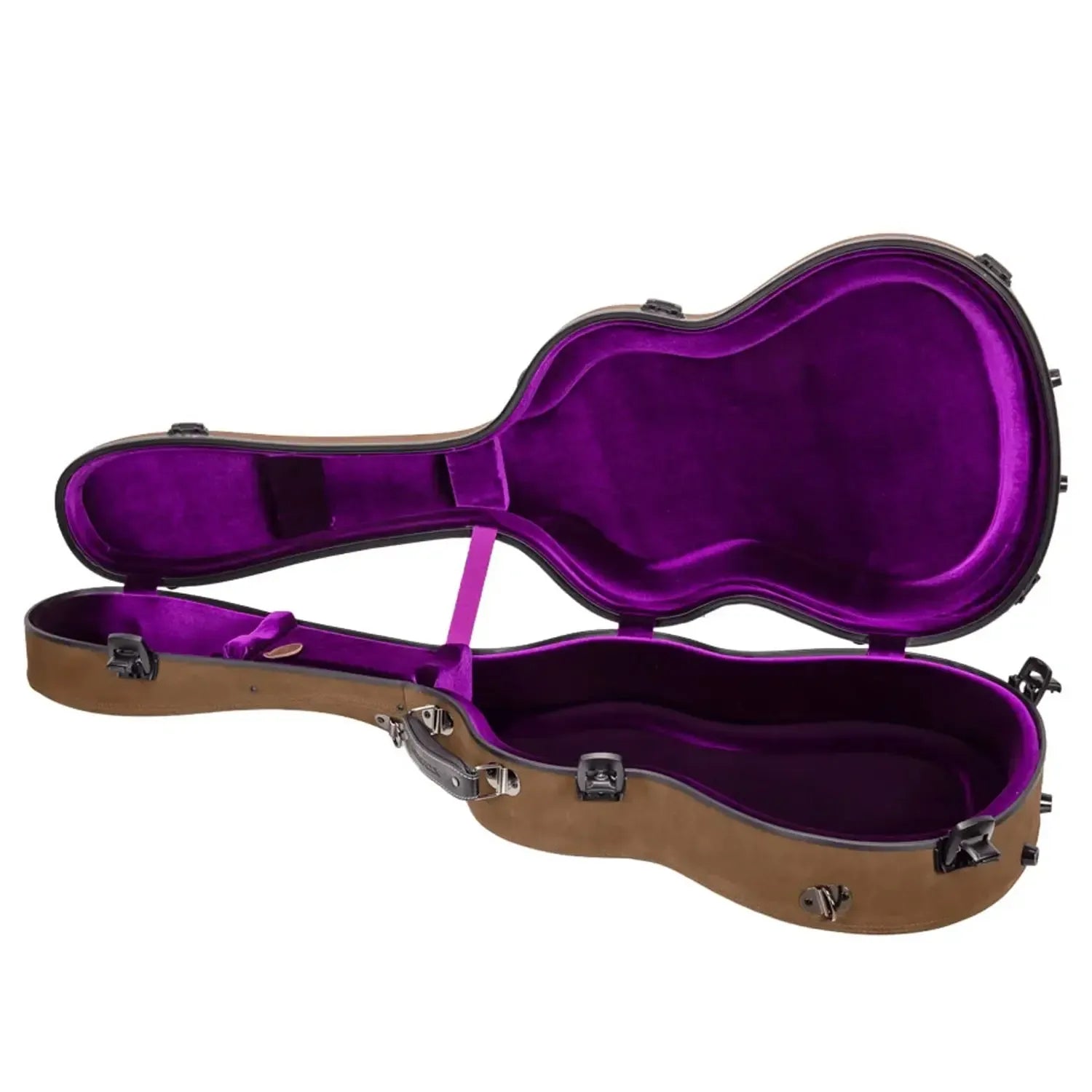 Crossrock CRF5030C Ultra-Light Fiberglass Flamenco Classical Guitar Case, open with brown leather exterior and purple interior.