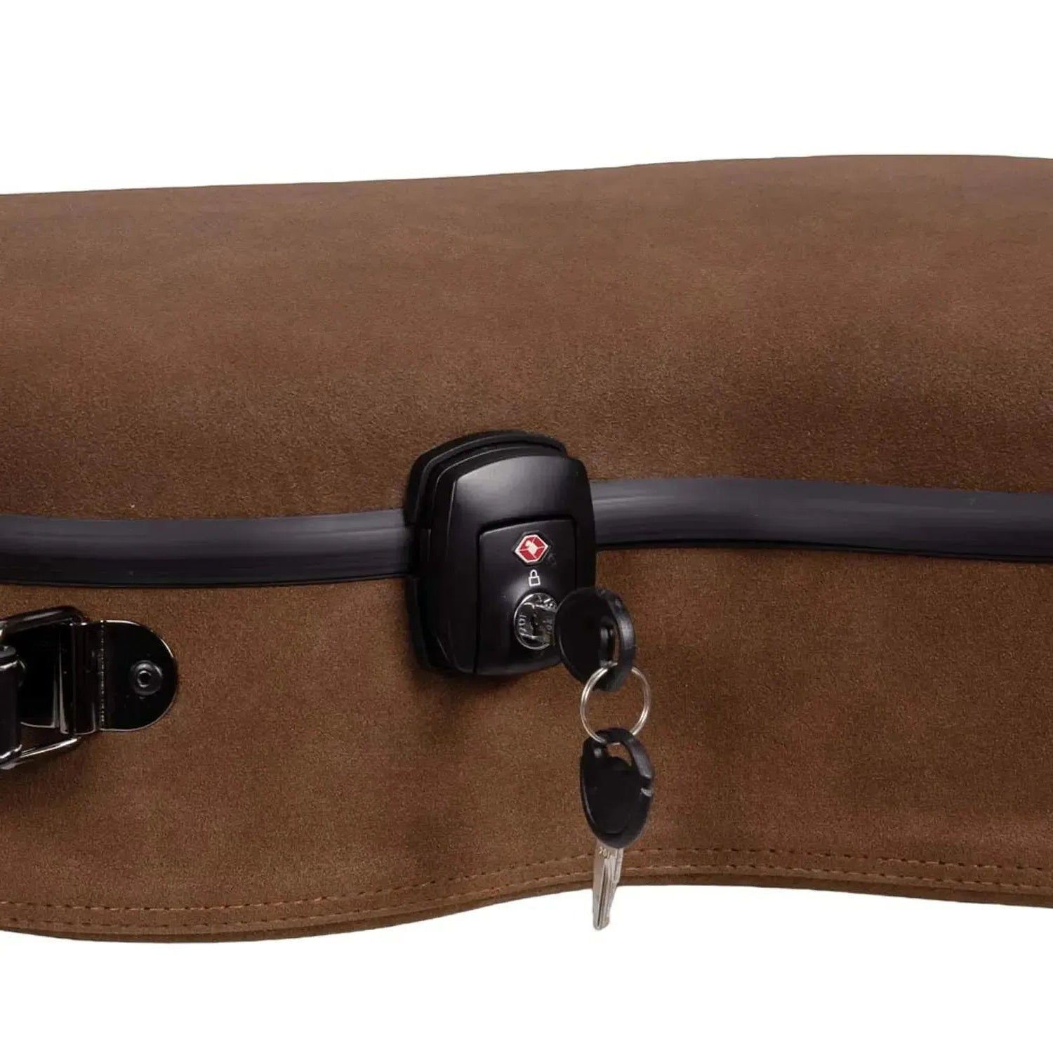 Crossrock CRF5030C ultra-light fiberglass classical guitar case in brown leather with a black TSA lock and keys.