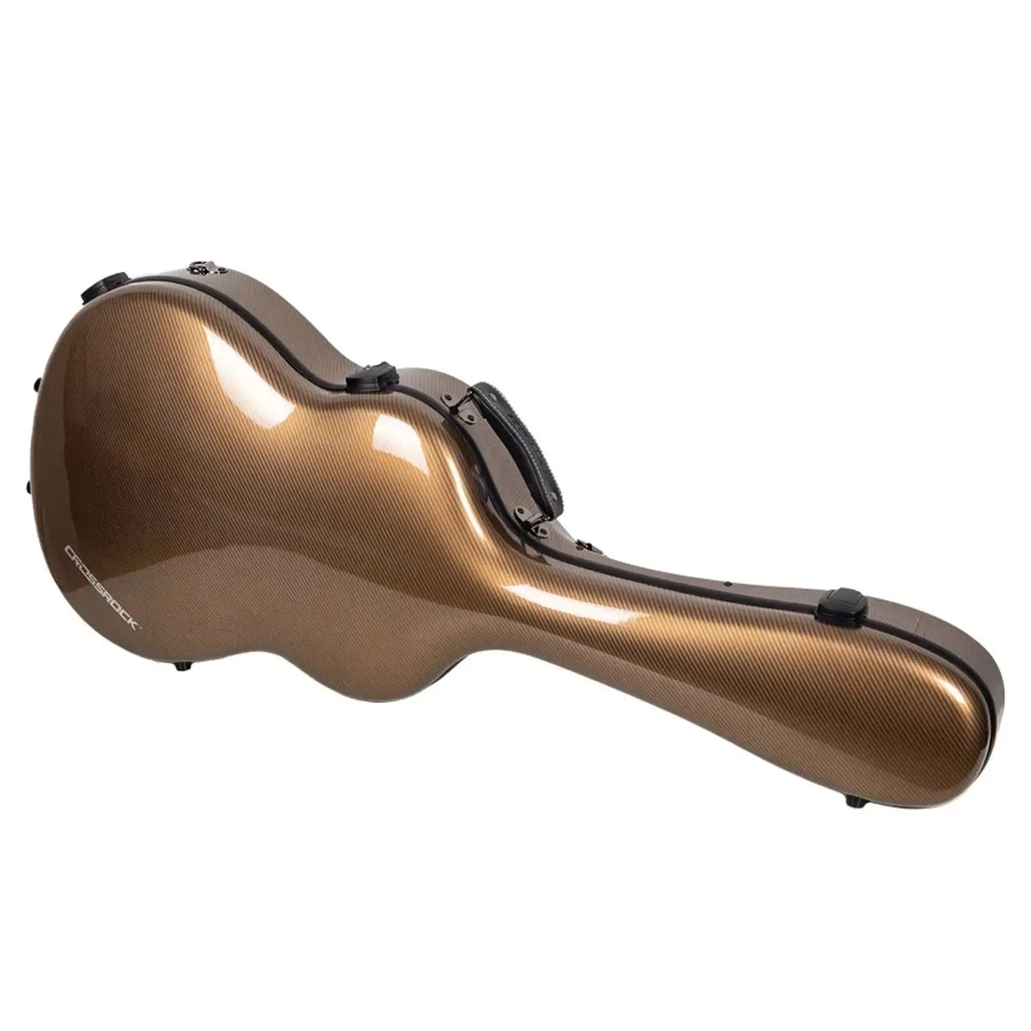 Crossrock CRF5030C ultra-light gold fiberglass classical guitar case with black latches and handle.