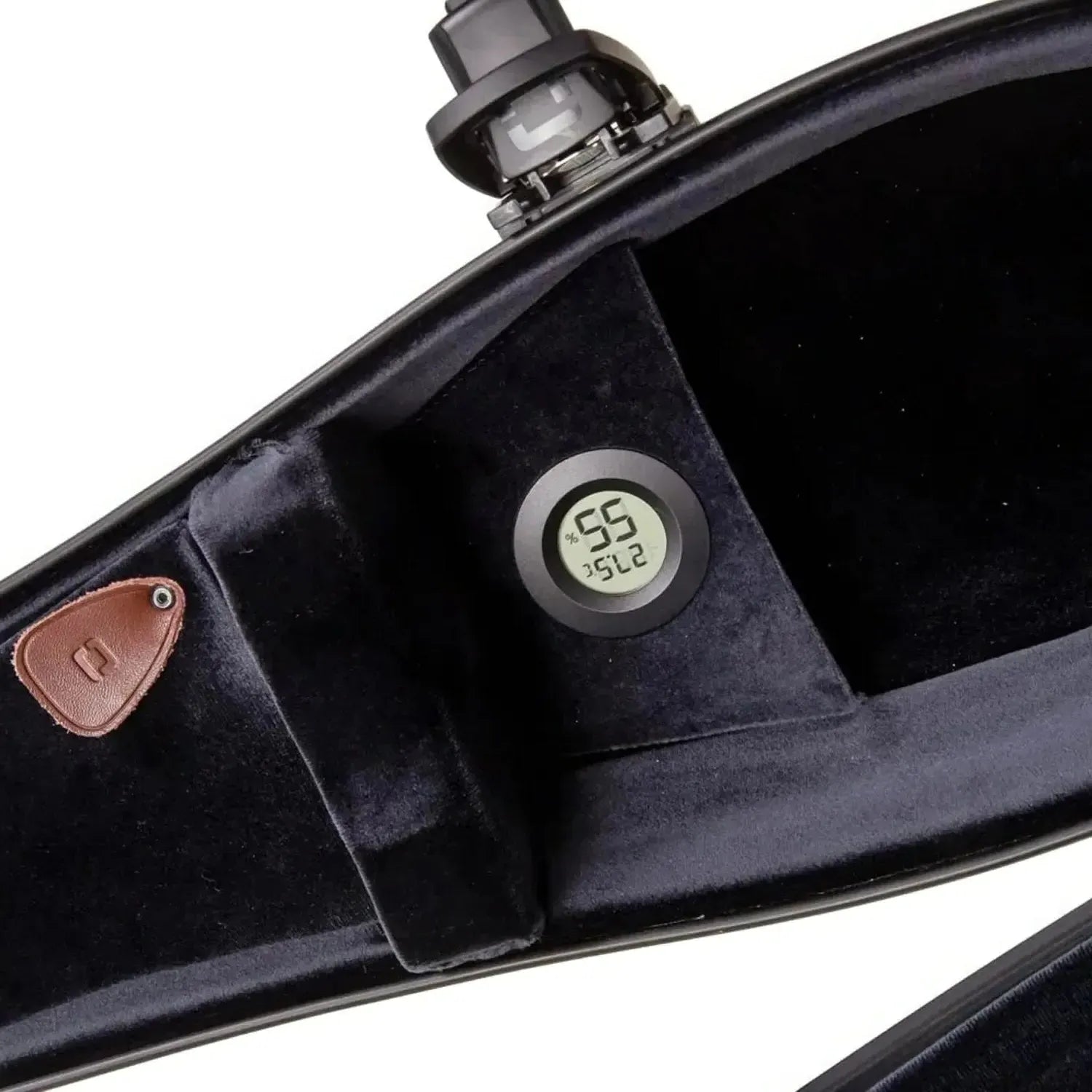Crossrock CRF5030C purple fiberglass classical guitar case interior with black velvet lining and digital hygrometer.