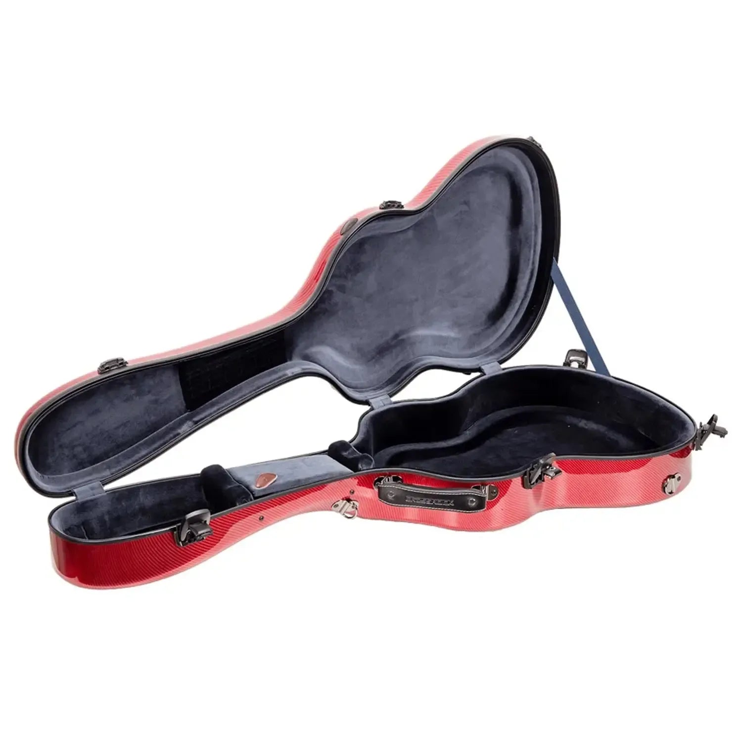 Crossrock CRF5030C ultra-light red fiberglass flamenco classical guitar case, open with gray interior.