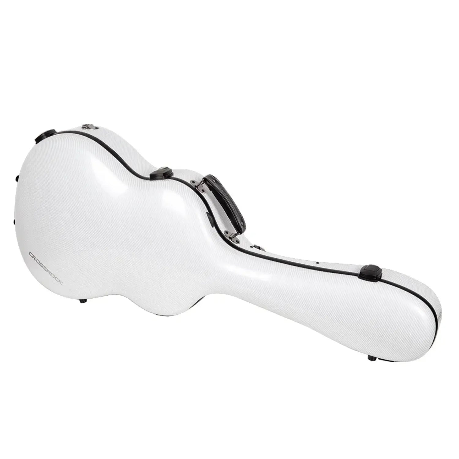 Crossrock CRF5030C white ultra-light fiberglass flamenco classical guitar case with black trim and handle.