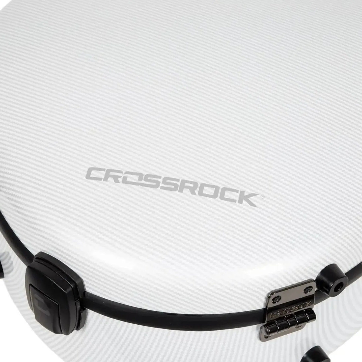 Crossrock white ultra-light fiberglass classical guitar case with carbon fiber texture and metal hardware.