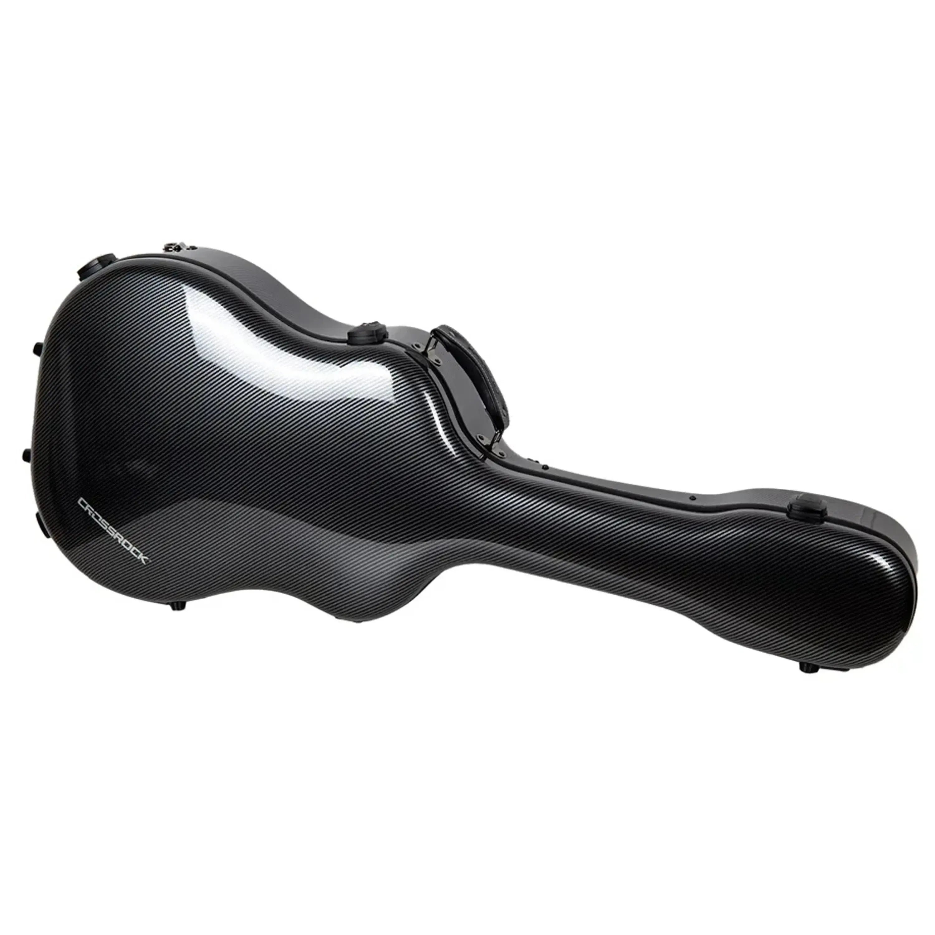 Crossrock CRF5030D ultra-light black fiberglass dreadnought guitar case with carbon fiber texture.