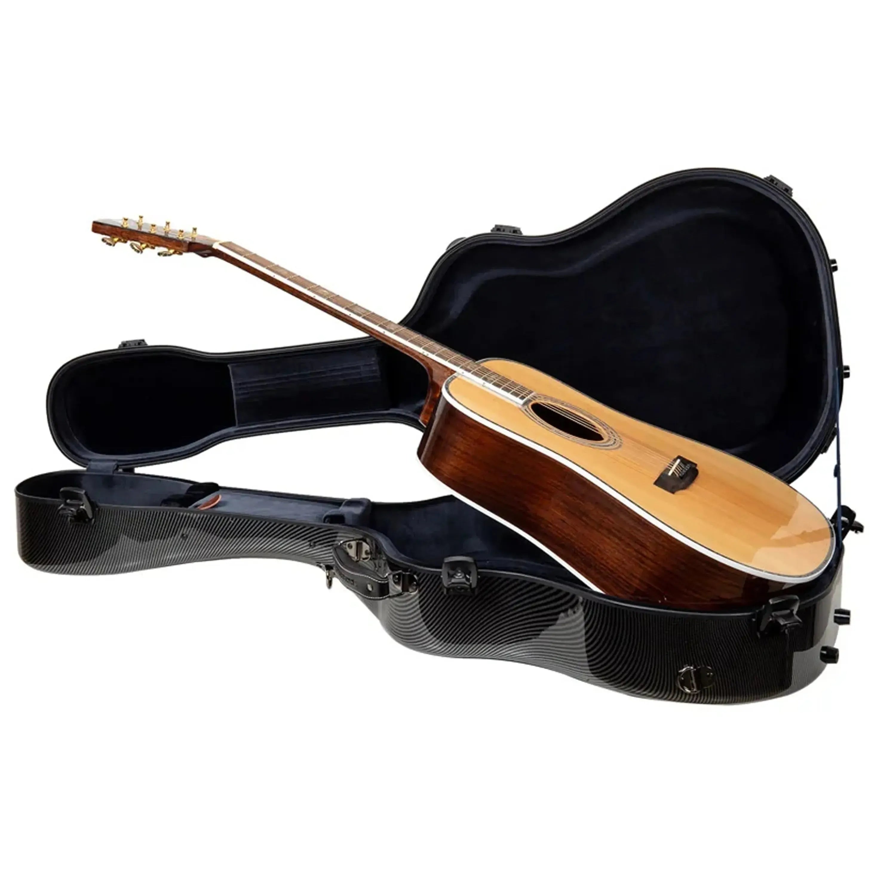 Crossrock CRF5030D black fiberglass dreadnought guitar case with a natural wood acoustic guitar inside.
