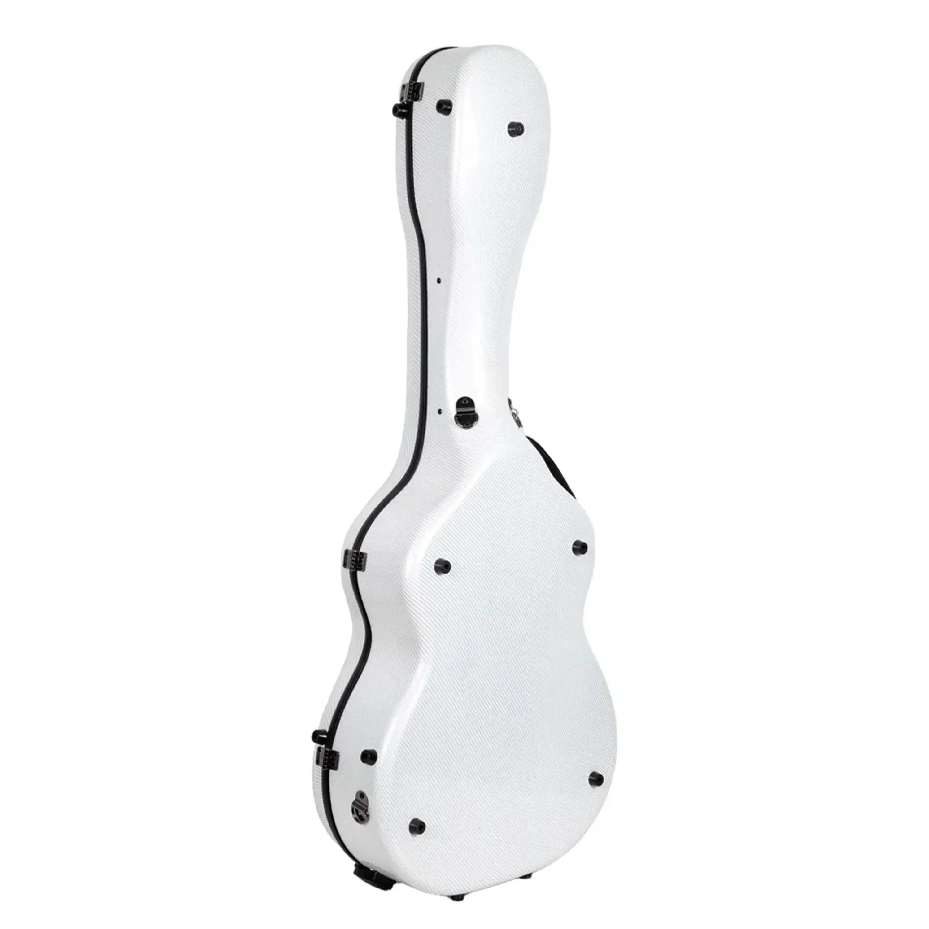 Crossrock CRF5030D white fiberglass dreadnought guitar case with black trim and hardware.