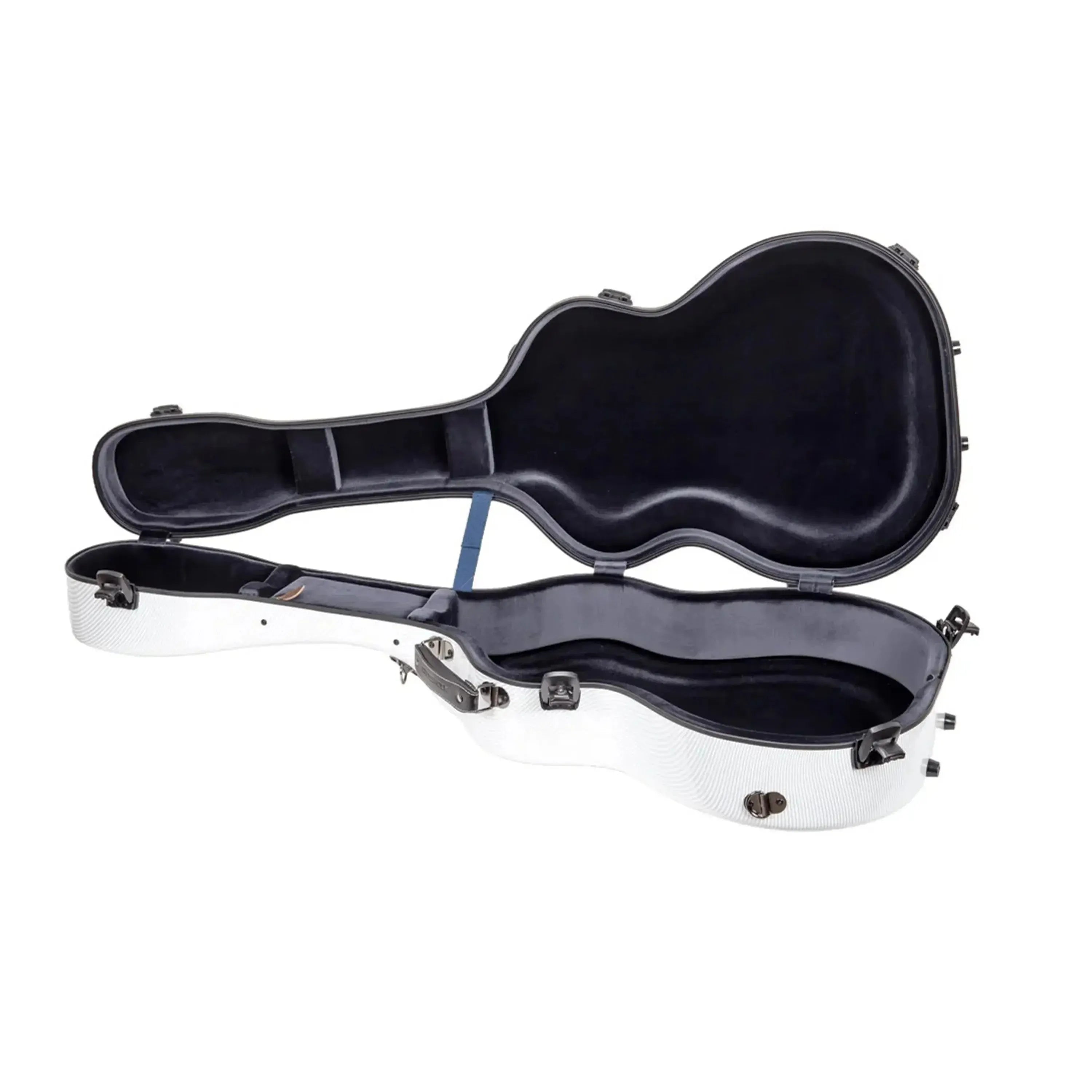 Crossrock CRF5030D ultra-light white fiberglass dreadnought guitar case, open with black interior.