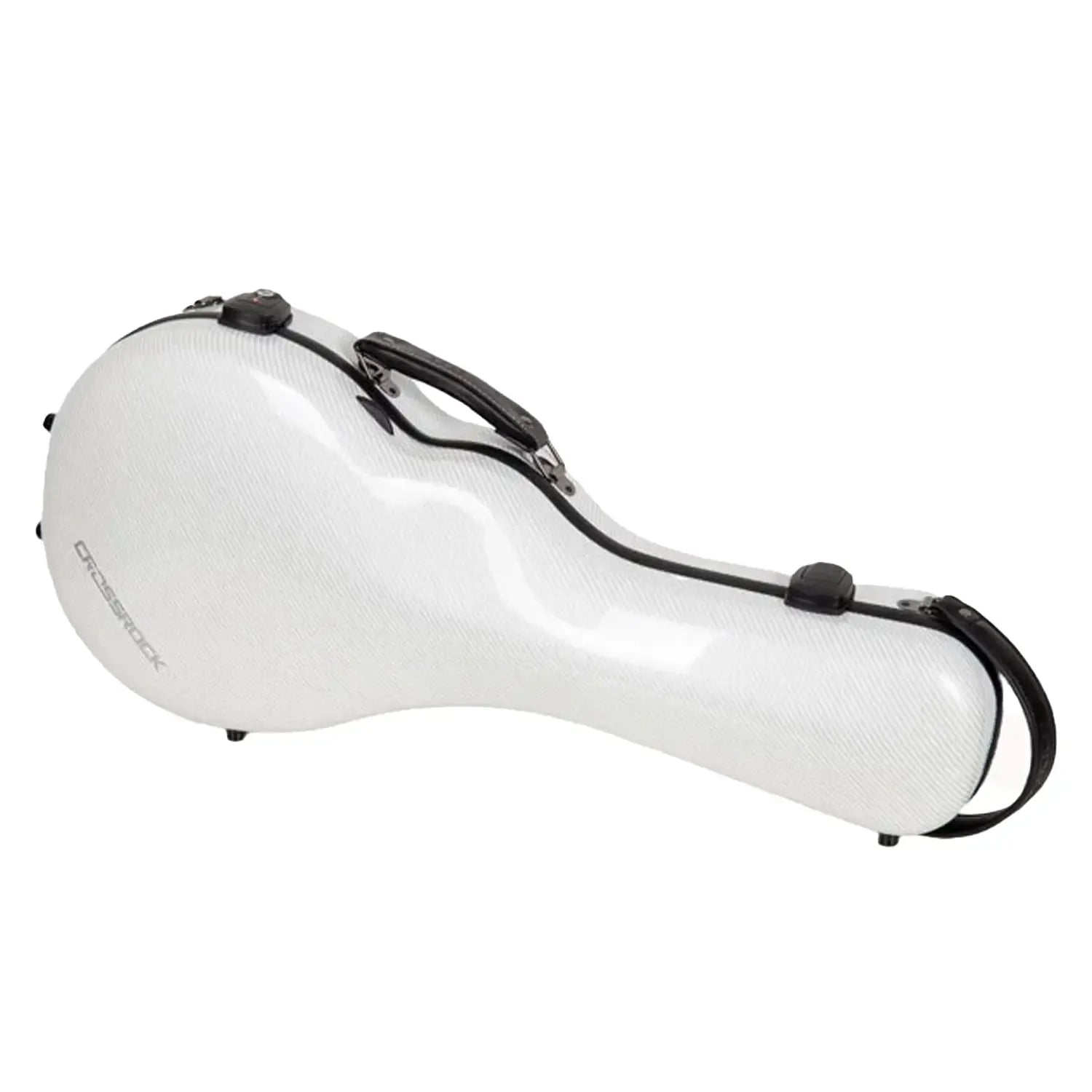 Crossrock CRF5030MF white fiberglass F-style mandolin case with black trim and handle.