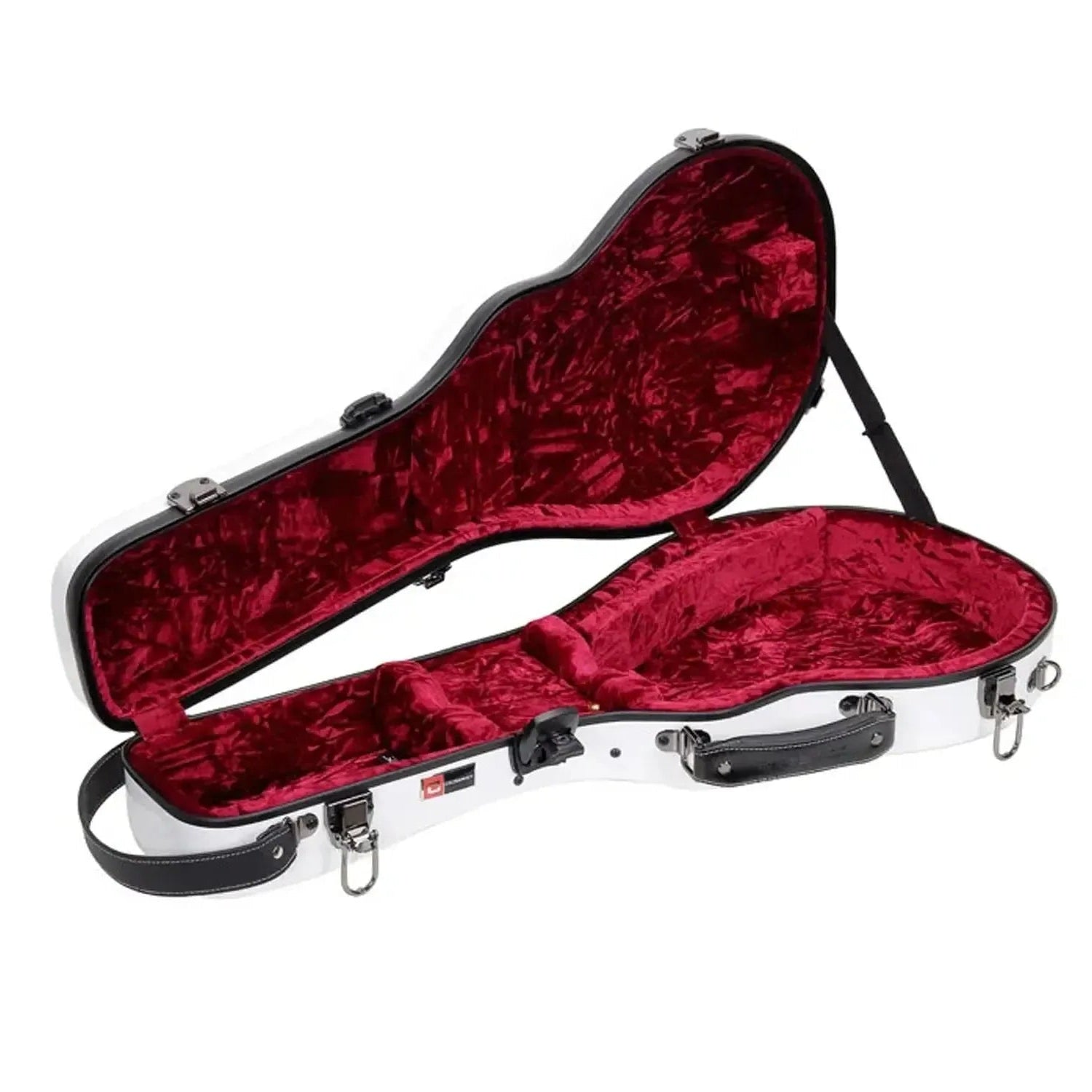Crossrock white fiberglass F-style mandolin case with plush red interior, open.