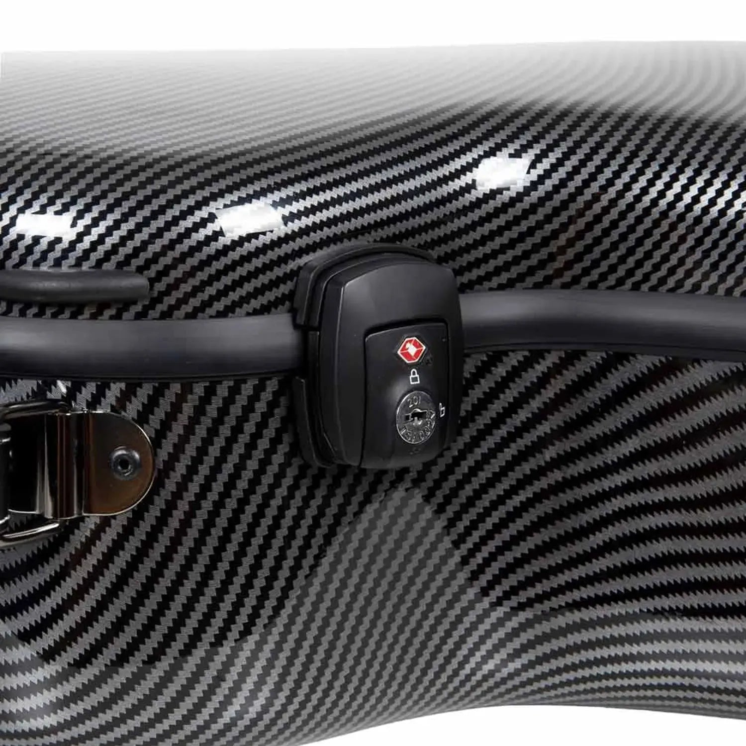 Crossrock black carbon fiber OM/000 acoustic guitar case with a TSA-approved locking latch.