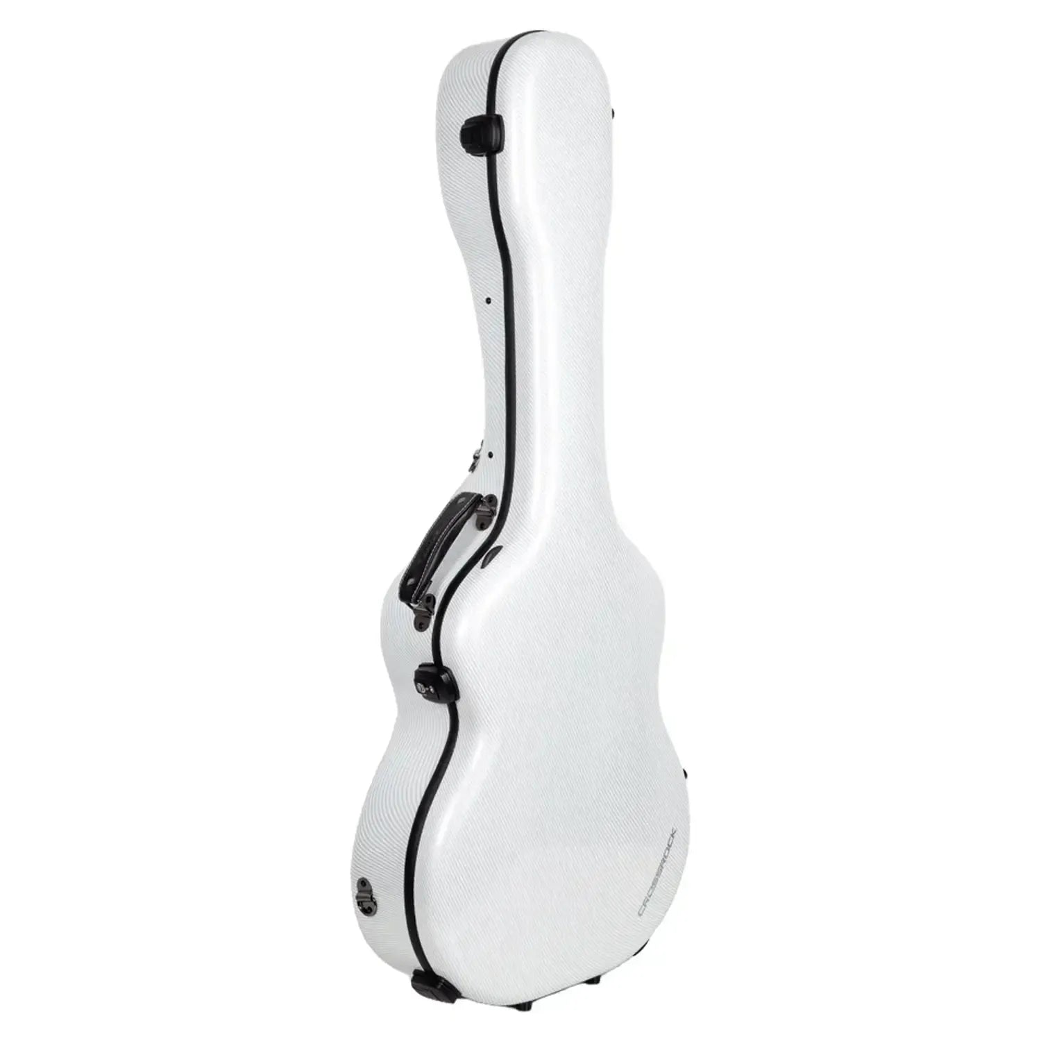 Crossrock CRF5030OM ultra-light white fiberglass OM/000 acoustic guitar case with black trim and handle.