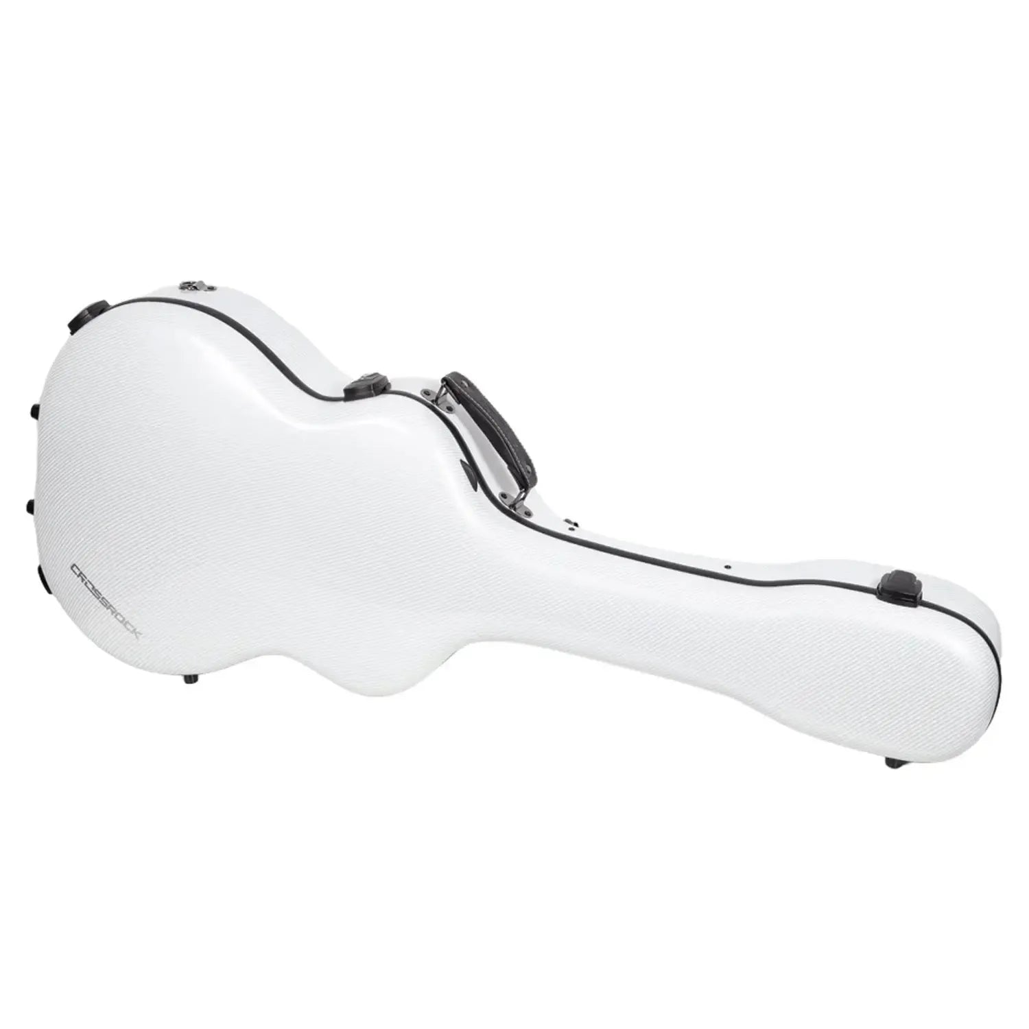 Crossrock CRF5030OM ultra-light white fiberglass OM/000 acoustic guitar case with black trim and handle.