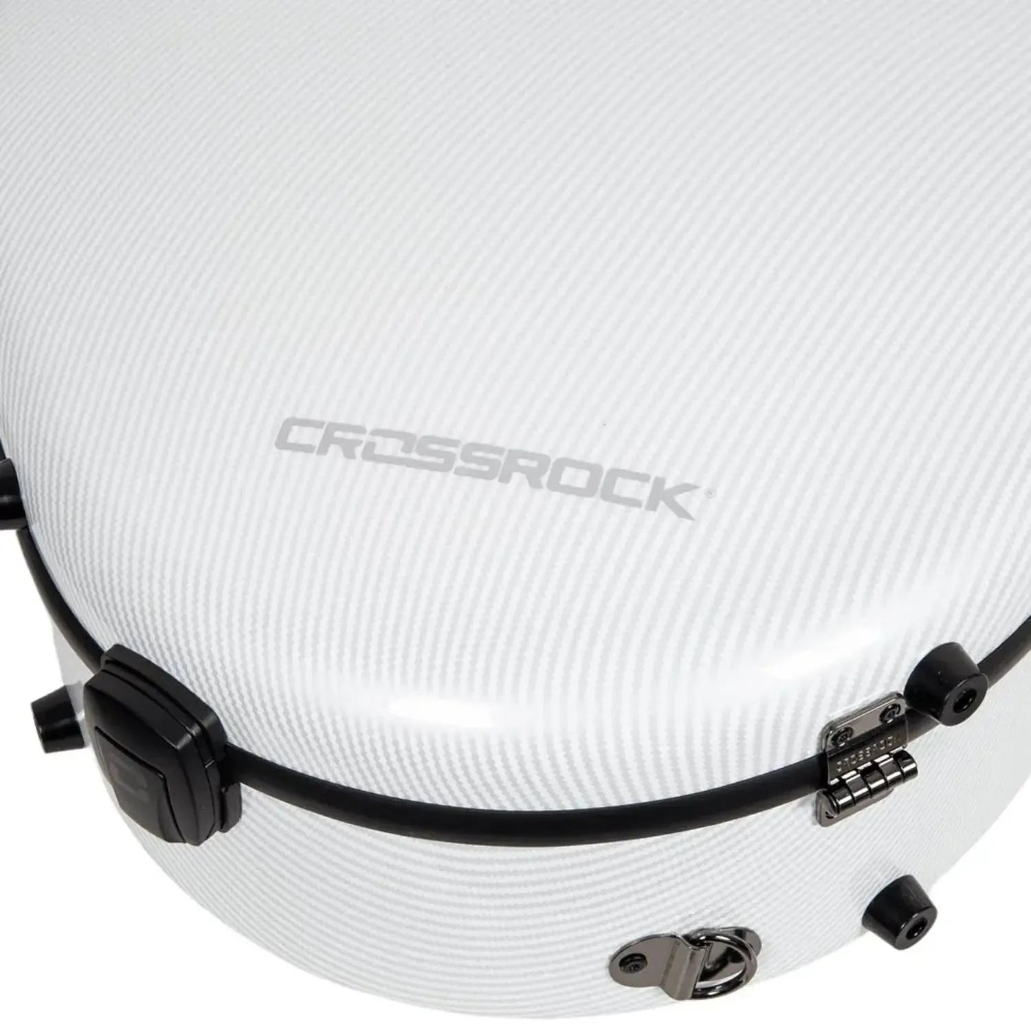 Close-up of a white Crossrock ultra-light fiberglass OM/000 acoustic guitar case with TSA latch.