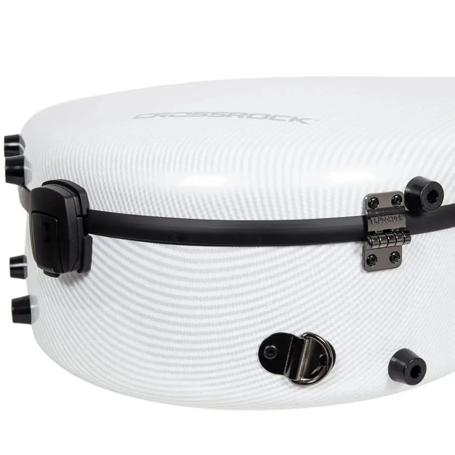 Crossrock white ultra-light fiberglass OM/000 acoustic guitar case with TSA lock and hinge.