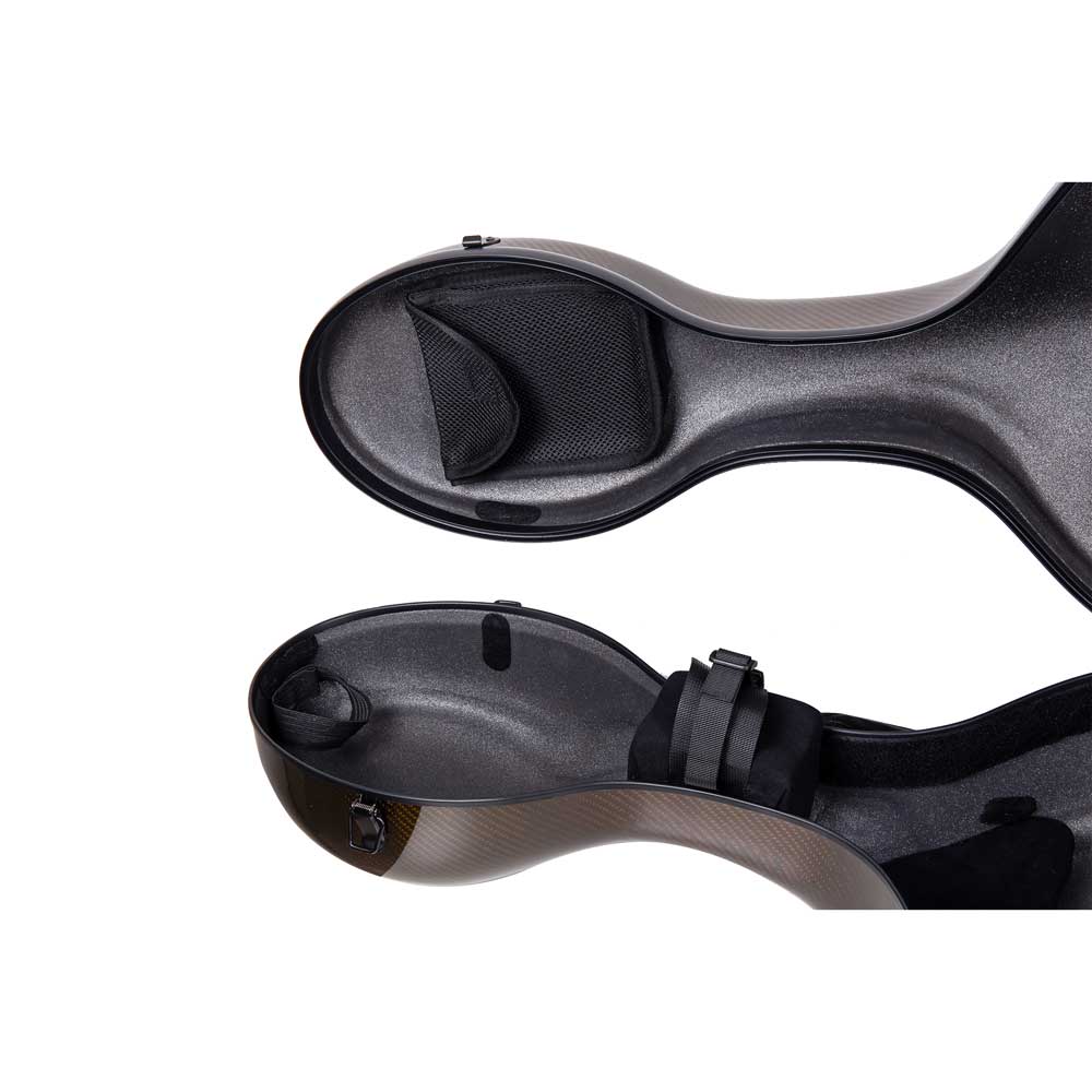 Inside the head end of the Crossrock CRF6000CEF gold carbon fiber cello case, showing the mesh accessory pocket in the lid and the padded neck rest with adjustable strap.