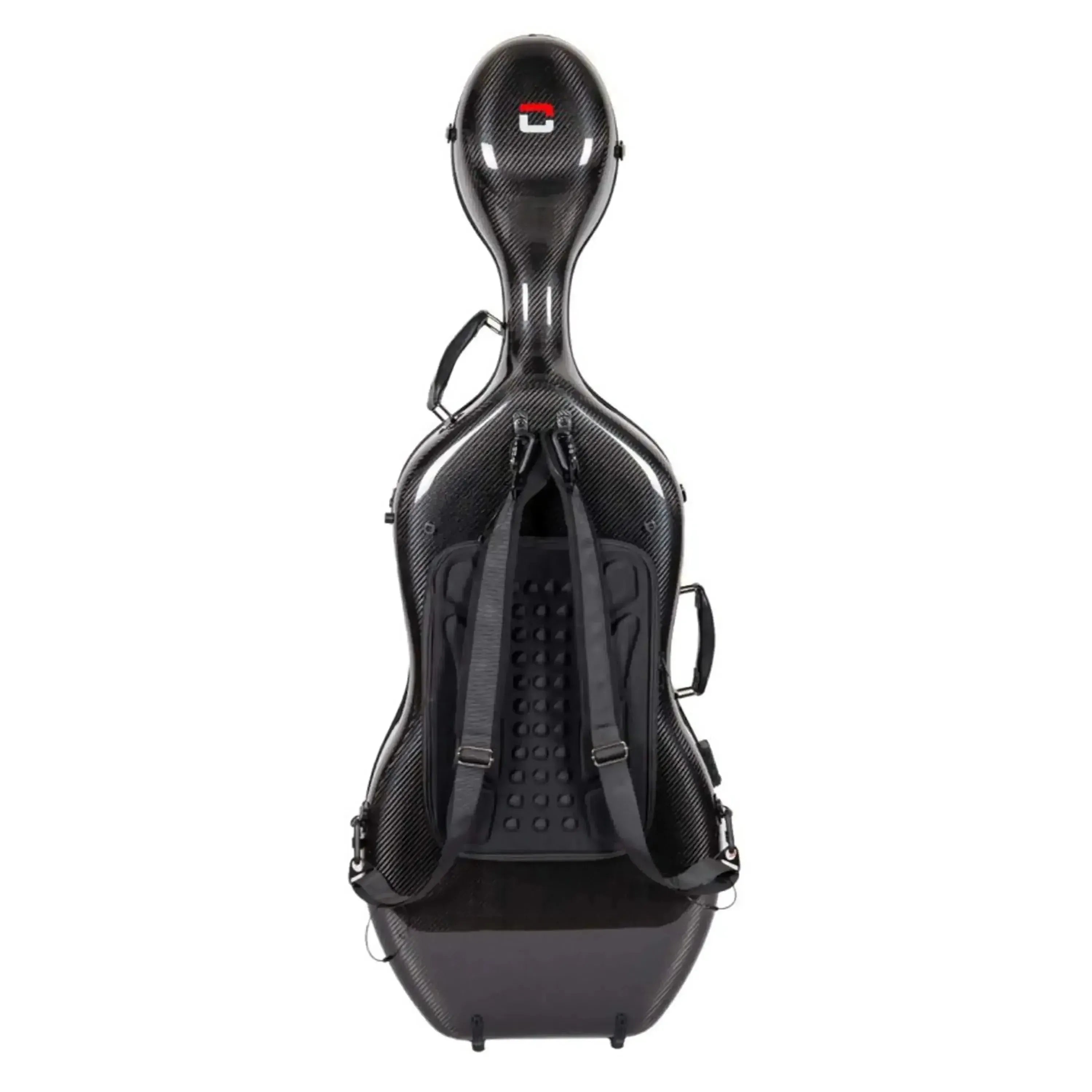 Black Crossrock 4/4 carbon fiber cello case with backpack straps and red logo.