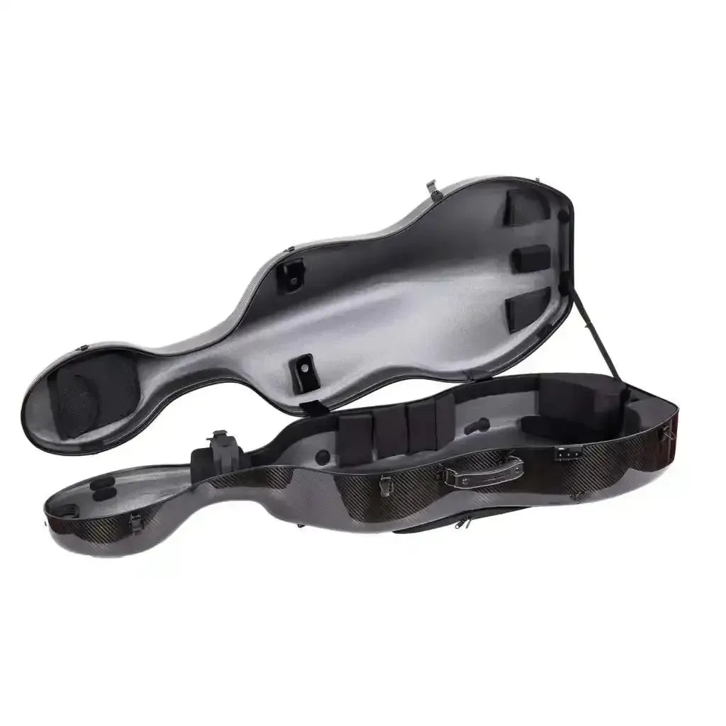 Crossrock Air Carbon 4/4 cello case in black, open to show interior padding and carbon fiber texture.