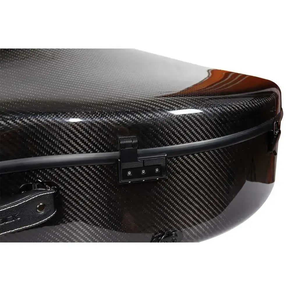 Crossrock Air Carbon 4/4 cello case in black with a textured carbon fiber finish and metal combination lock.
