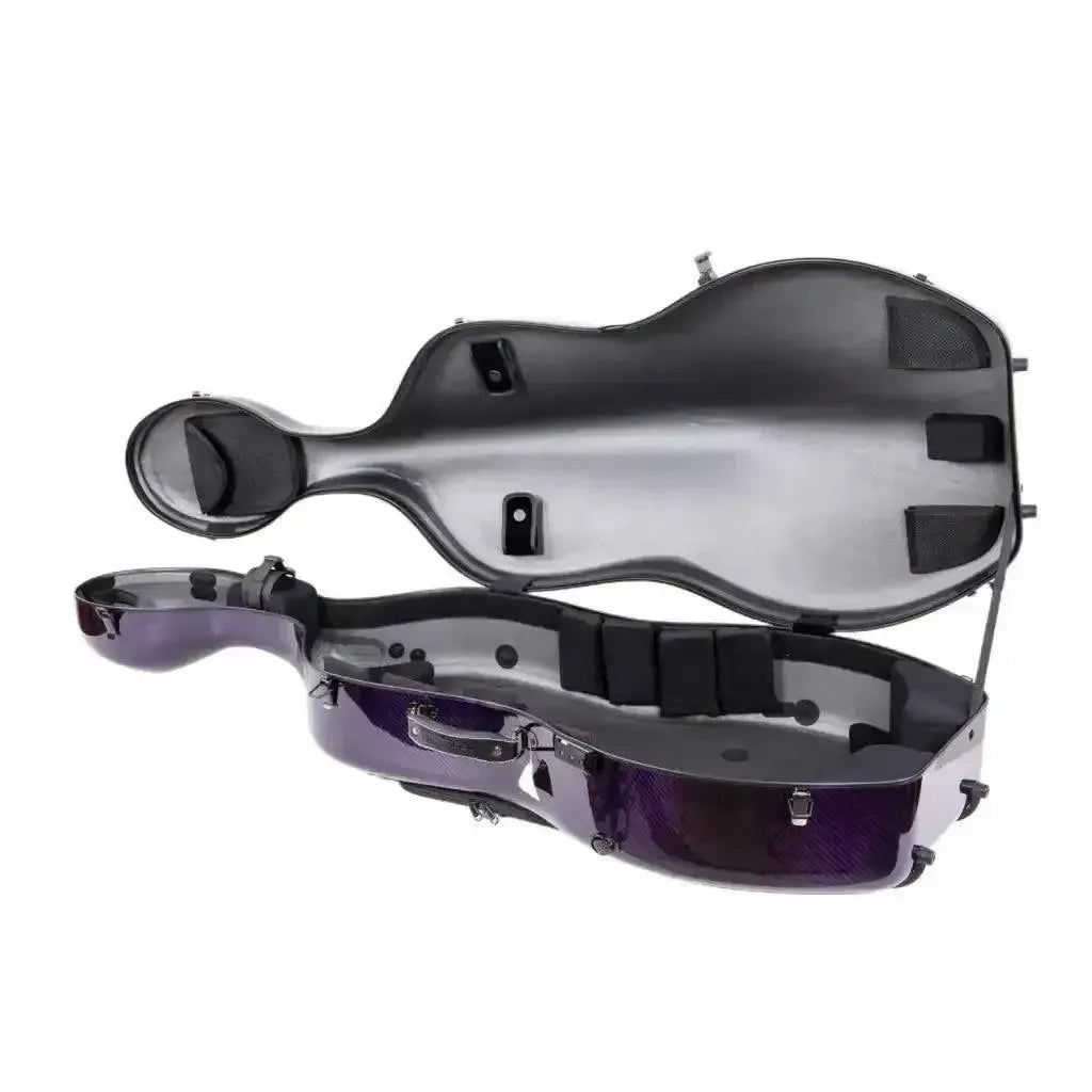 Crossrock Air Carbon 4/4 cello case in purple, open to show its padded interior.