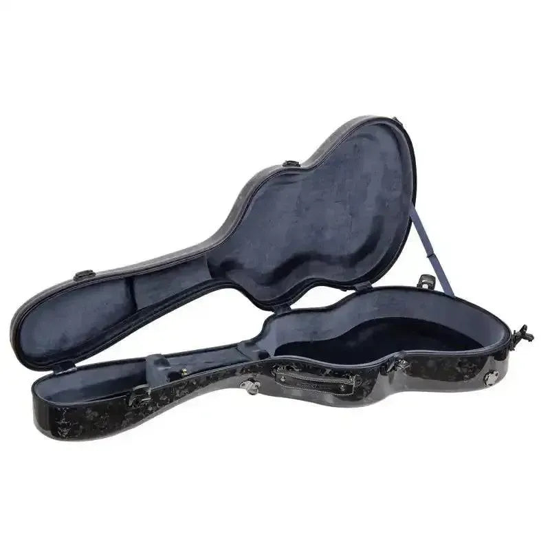 Crossrock Air Carbon 4/4 Classical Guitar Case in black marble, open with blue interior padding.