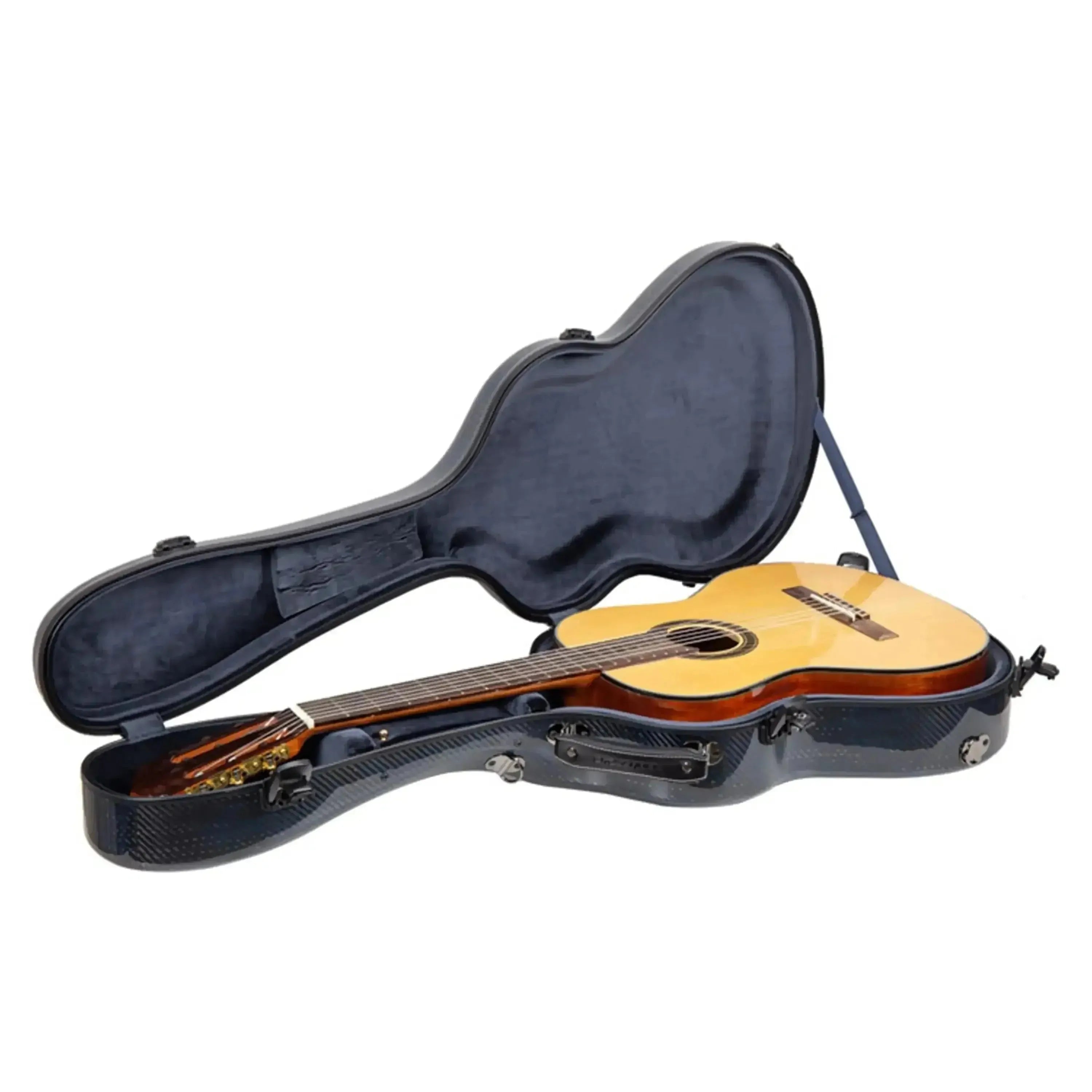 Crossrock CRF6030CBT Air Carbon 4/4 Classical Guitar Case, open with guitar inside, blue tweed finish.