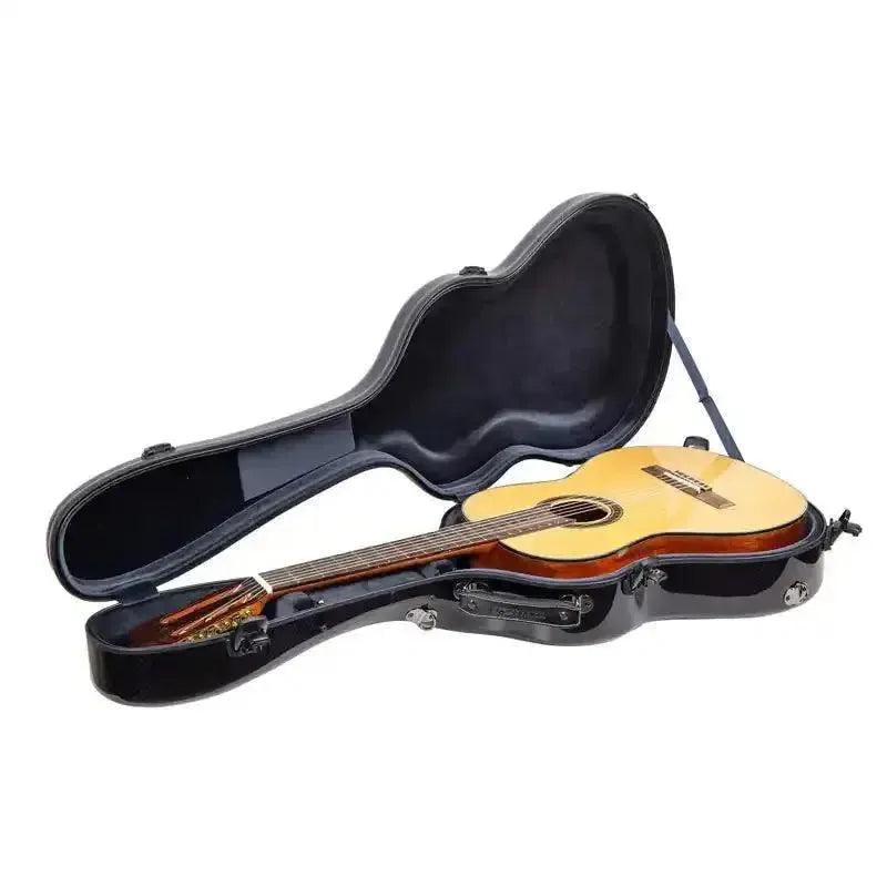 Crossrock CRF6030CPU Air Carbon 4/4 Classical Guitar Case, open with a natural wood classical guitar inside.