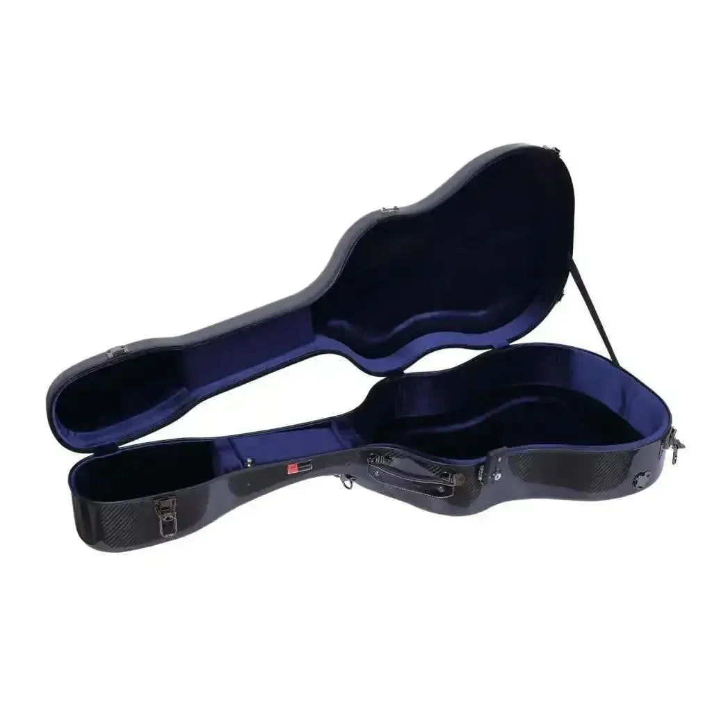 Crossrock Air Carbon Dreadnought Guitar Case in black, open with blue velvet interior.