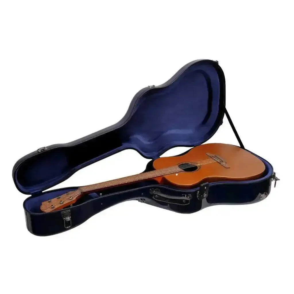 Open Crossrock Air Carbon Dreadnought Guitar Case in blue with a brown acoustic guitar inside.
