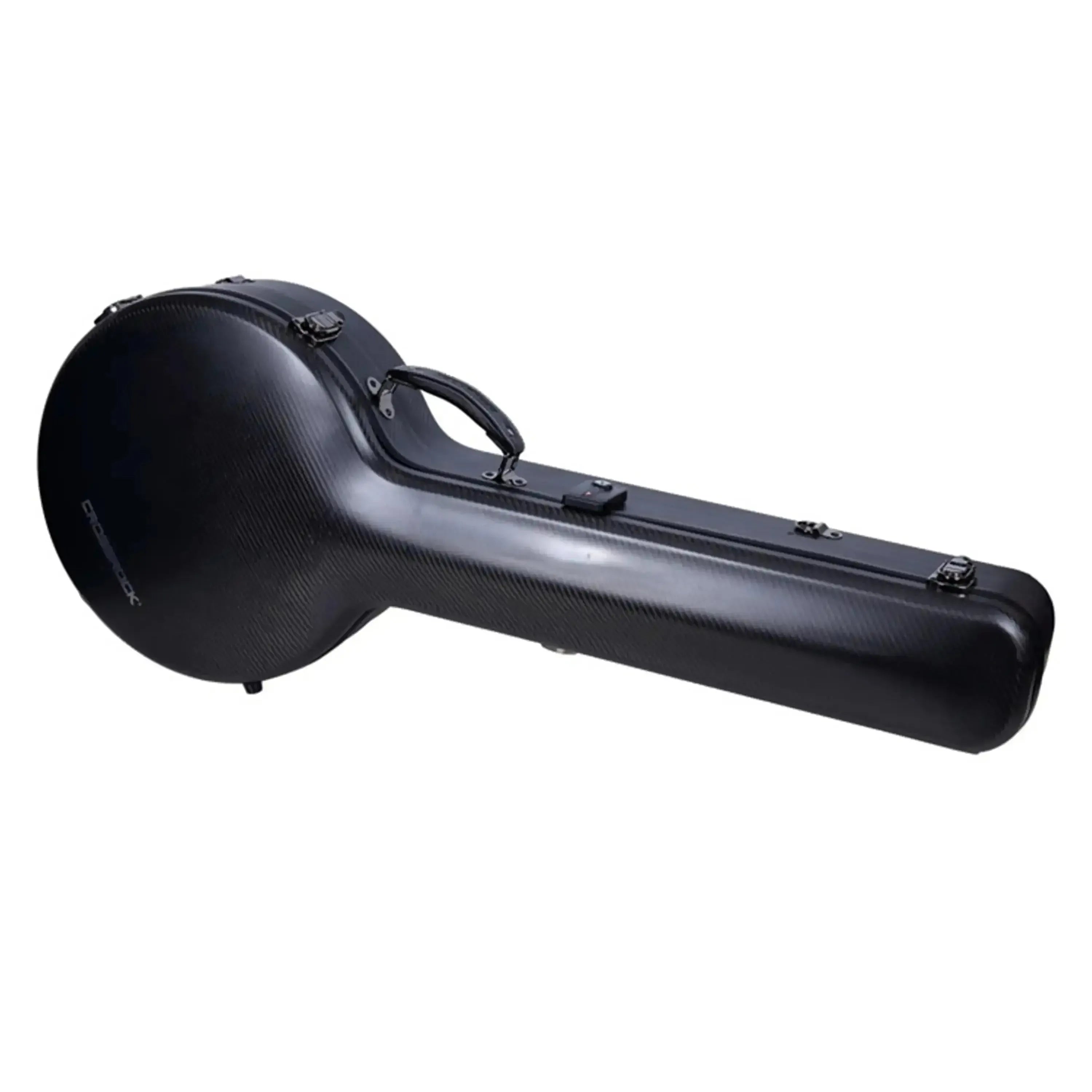 Crossrock Air Carbon Masterstone Resonator Banjo Case in black, featuring a textured carbon fiber finish.