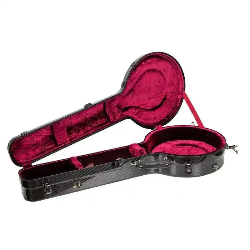 Crossrock black carbon fiber resonator banjo case, open with plush red interior.