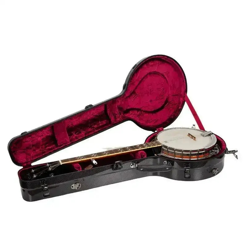 Black Crossrock Air Carbon banjo case with red plush interior, open with a banjo inside.