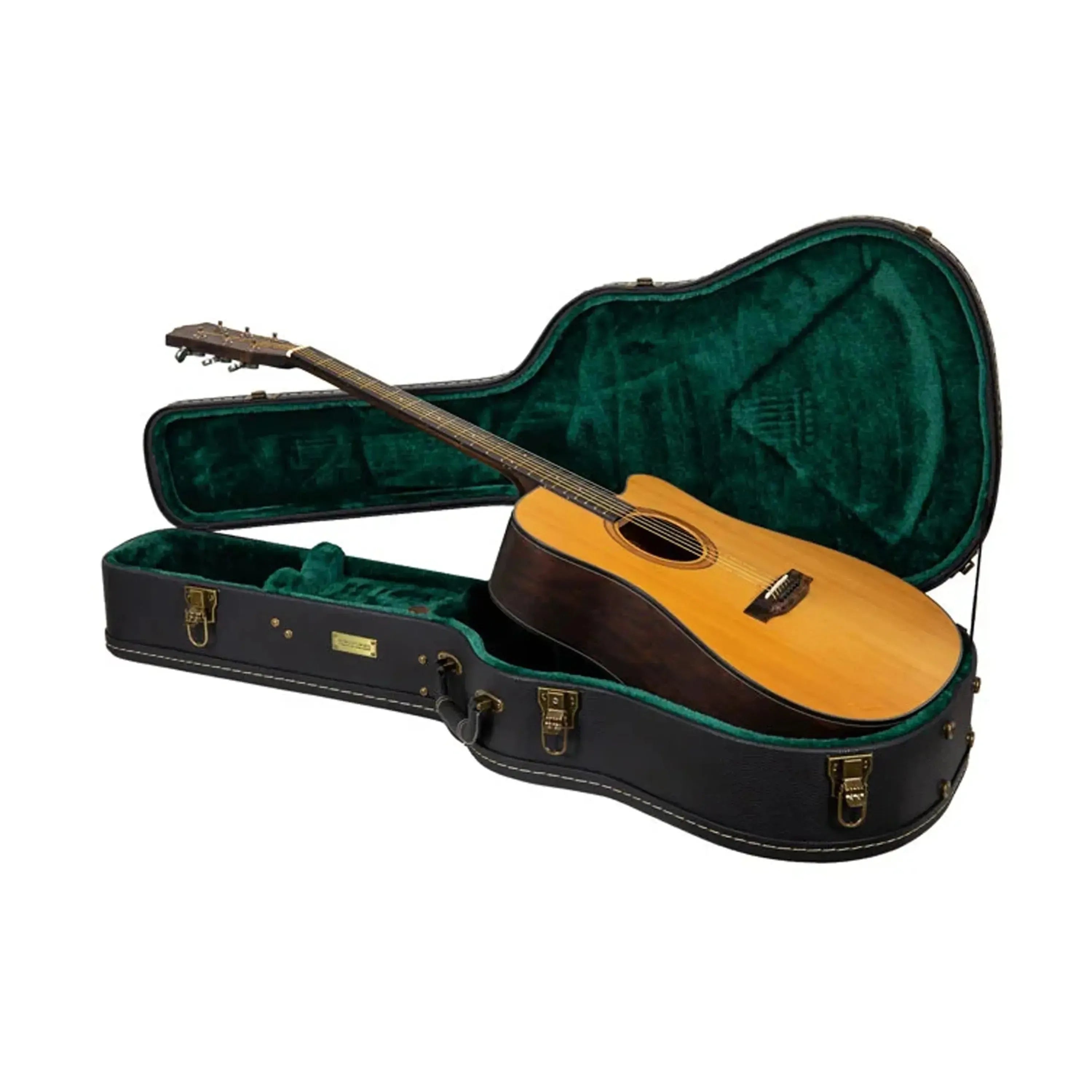 Crossrock CRW520D black jumbo dreadnought guitar case with a guitar inside, showing green velvet lining.