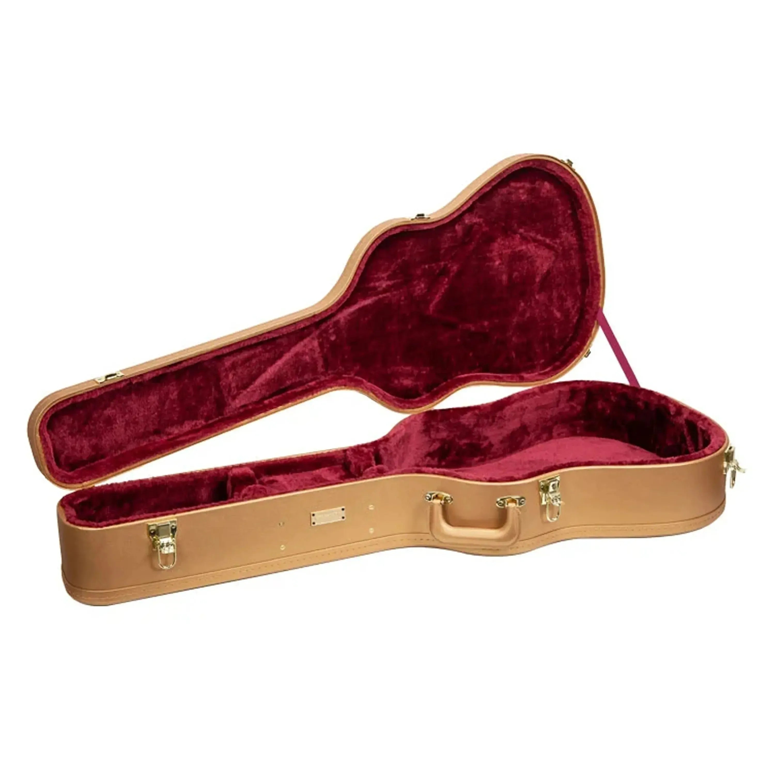 Crossrock CRW520D Luxury-Gold jumbo dreadnought guitar case, open with red velvet interior.