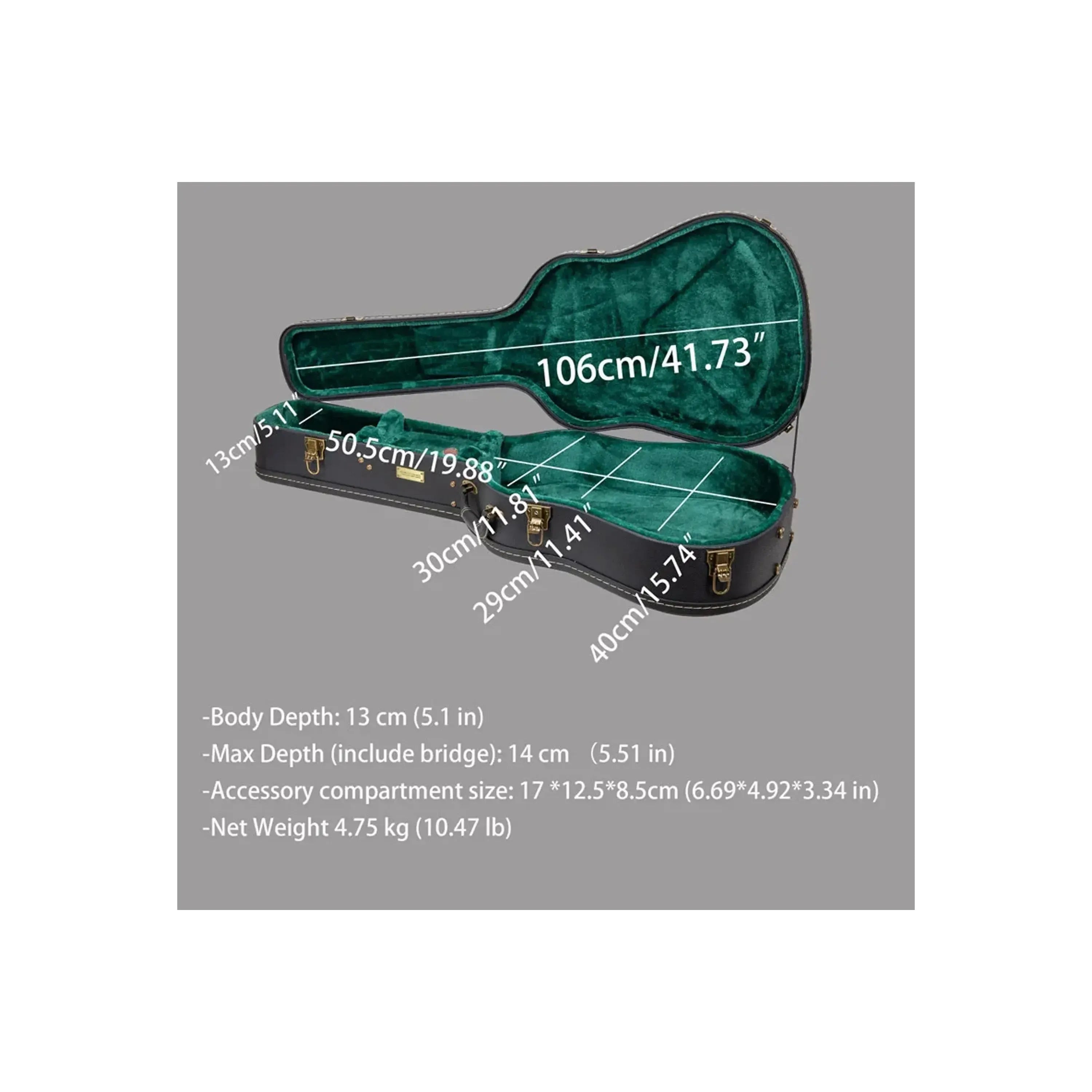 Crossrock CRW520D28 Dreadnought Guitar Case, open with green interior and dimensions.