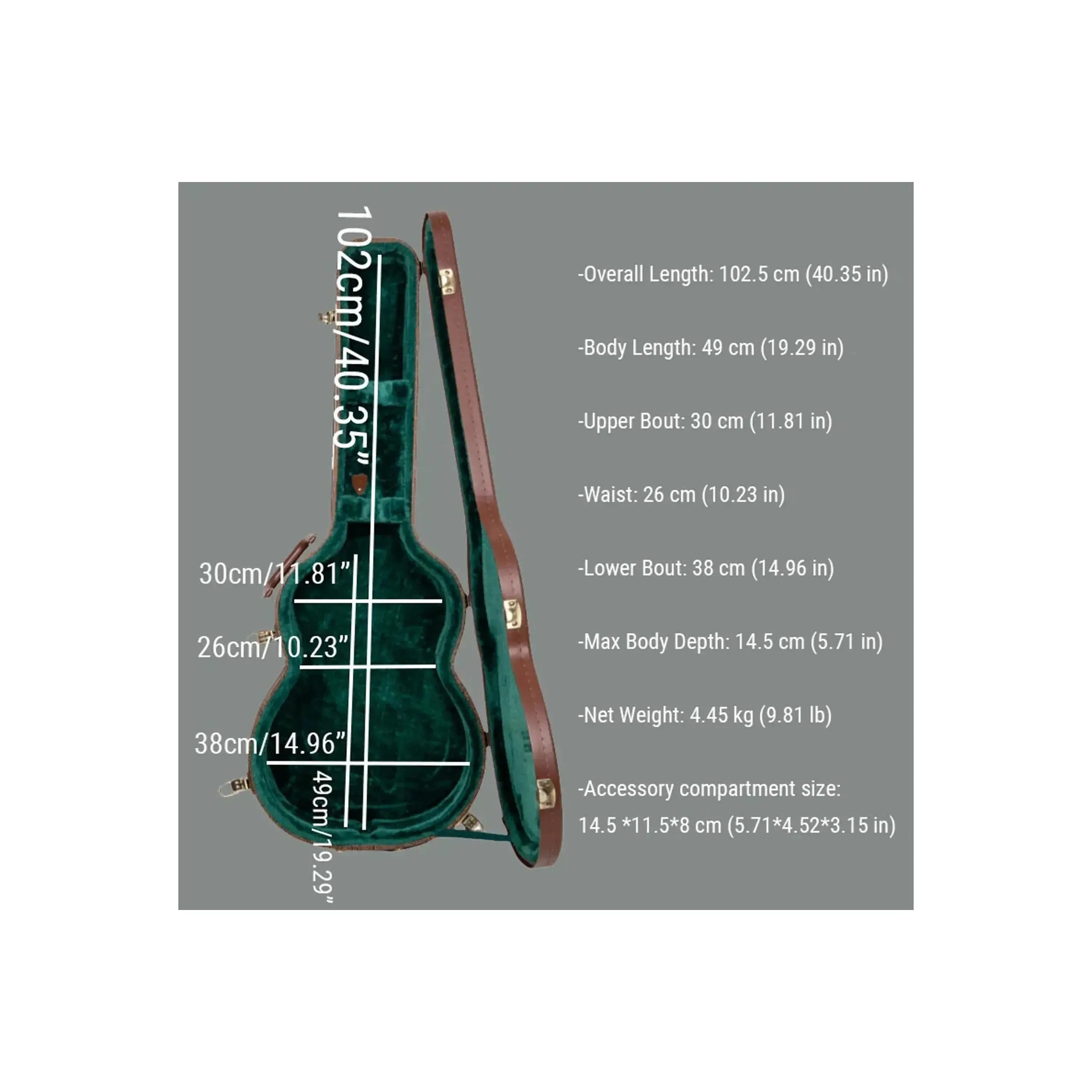 Crossrock CRW530C classical guitar case, open, showing interior dimensions and specs.