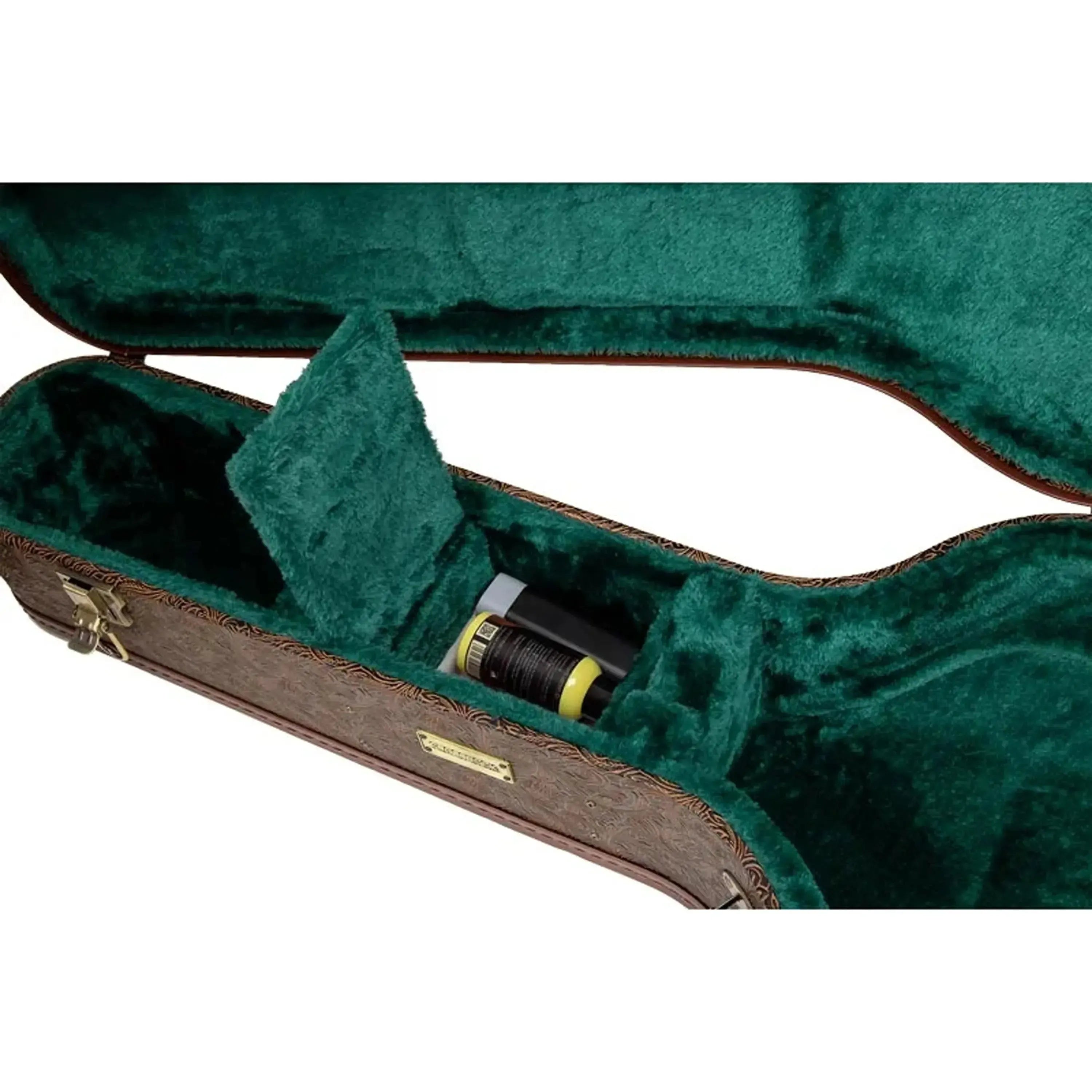 Crossrock CRW530D Jumbo Dreadnought guitar case, open, showing green plush interior and storage compartment.