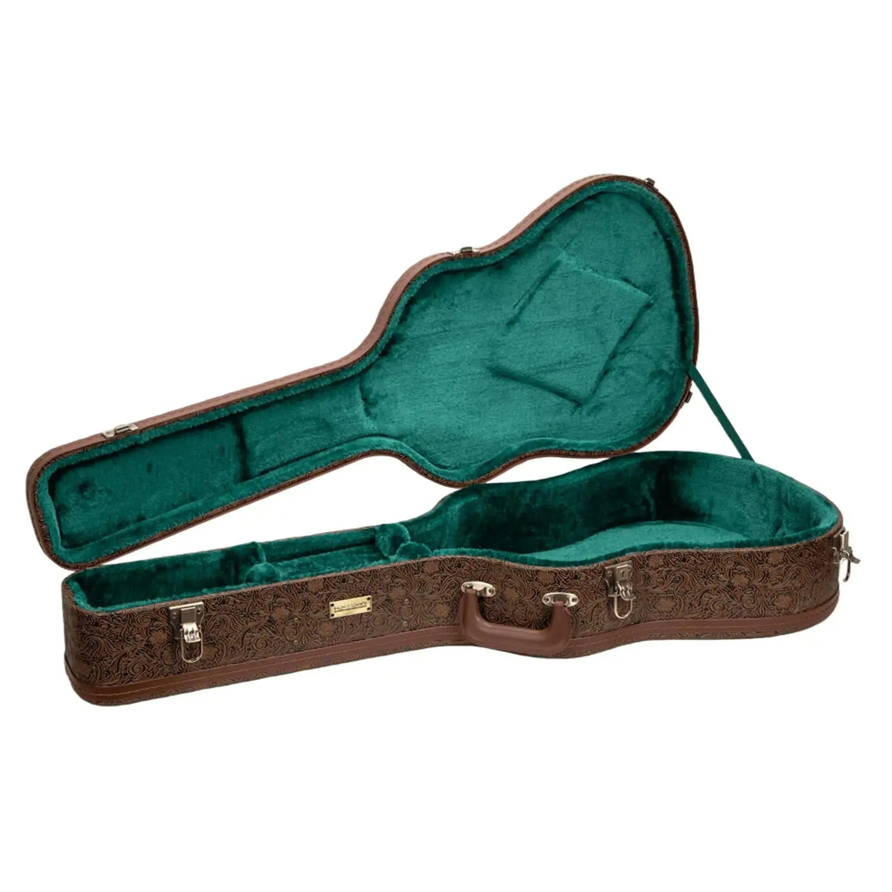 Crossrock CRW530D28 dreadnought guitar case with brown vintage flora embossing and green plush lining.