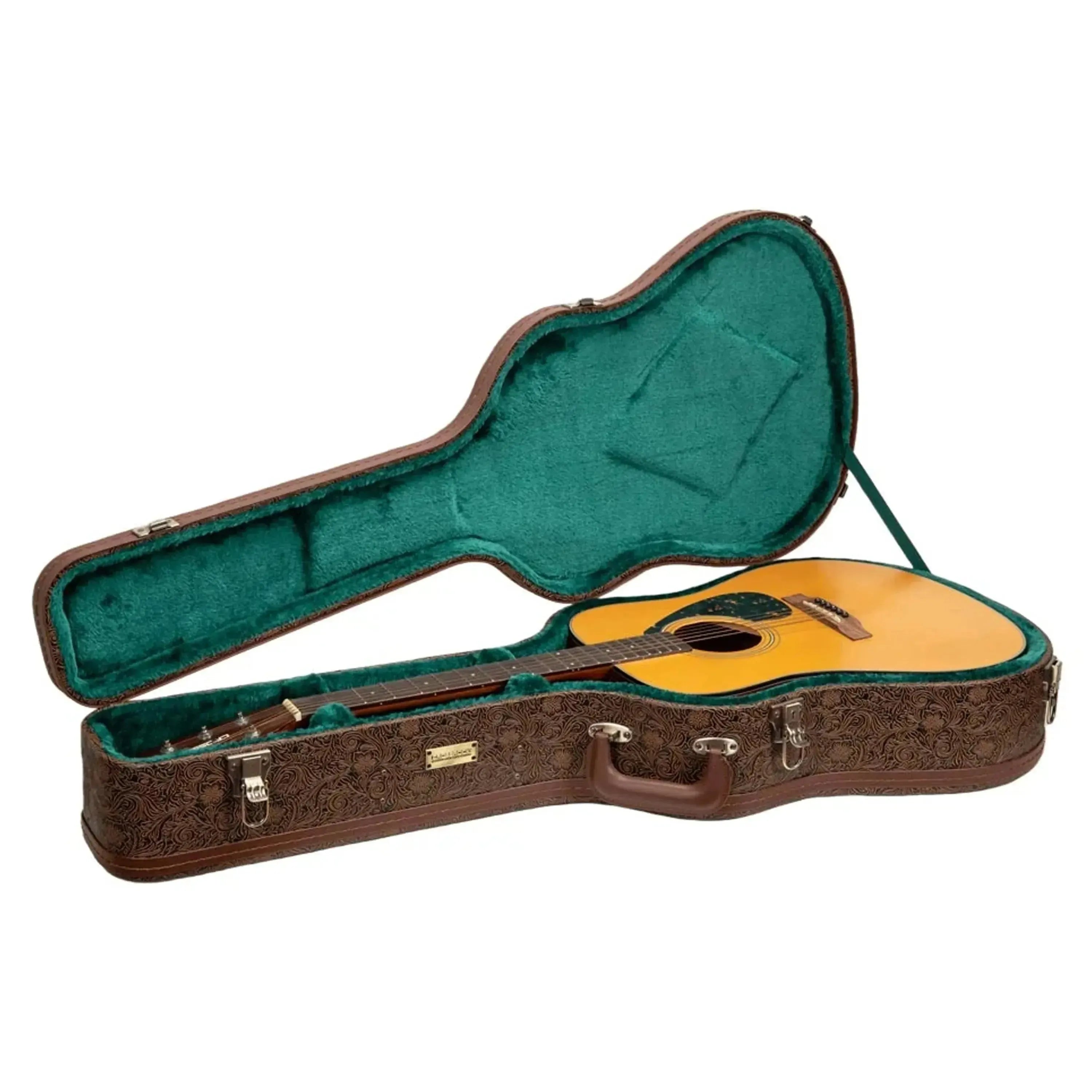 Crossrock Dreadnought guitar case with brown floral embossing, espresso trim, green lining, and acoustic guitar.