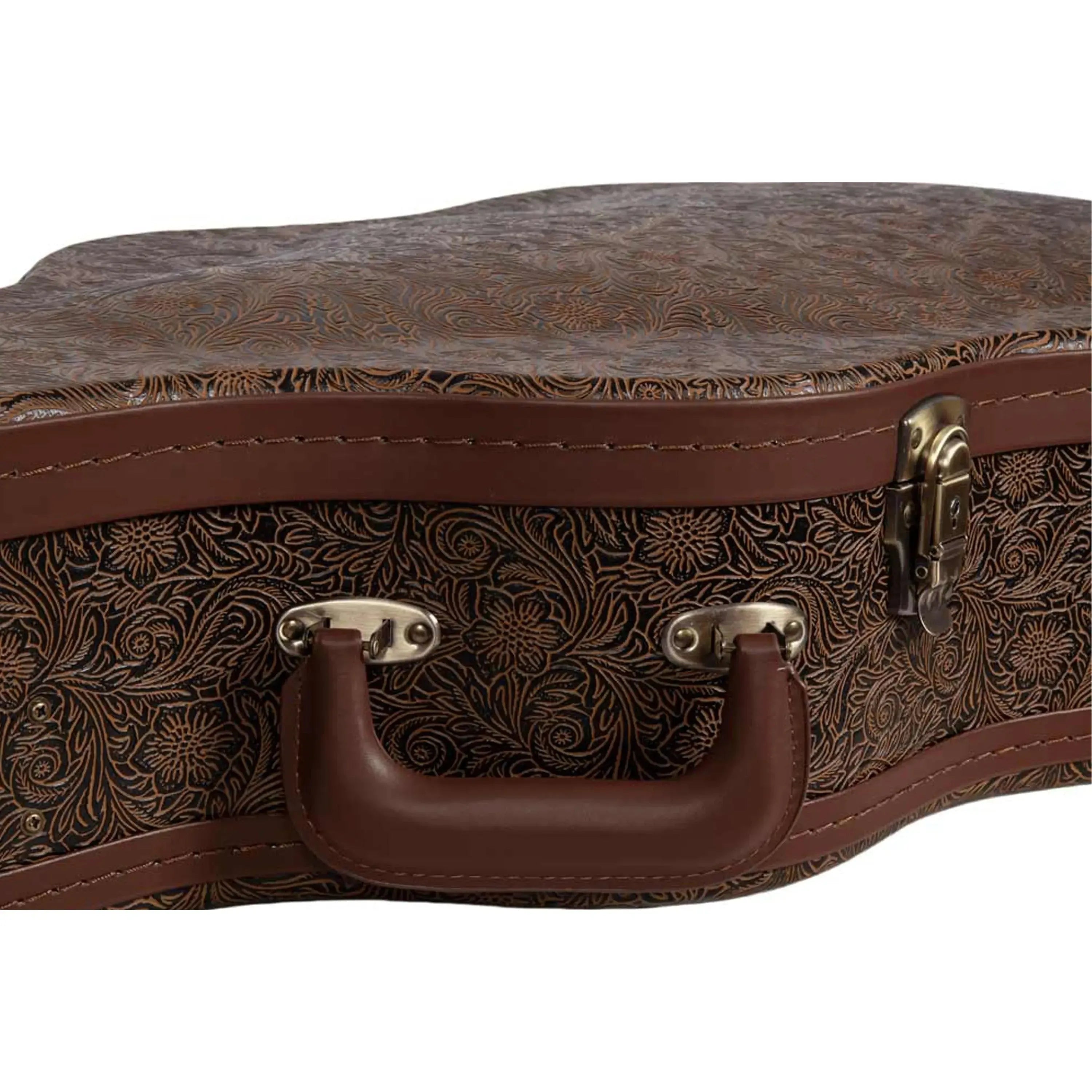 Crossrock CRW530D28 dreadnought guitar case with brown floral embossed wood, espresso trim, and handle.