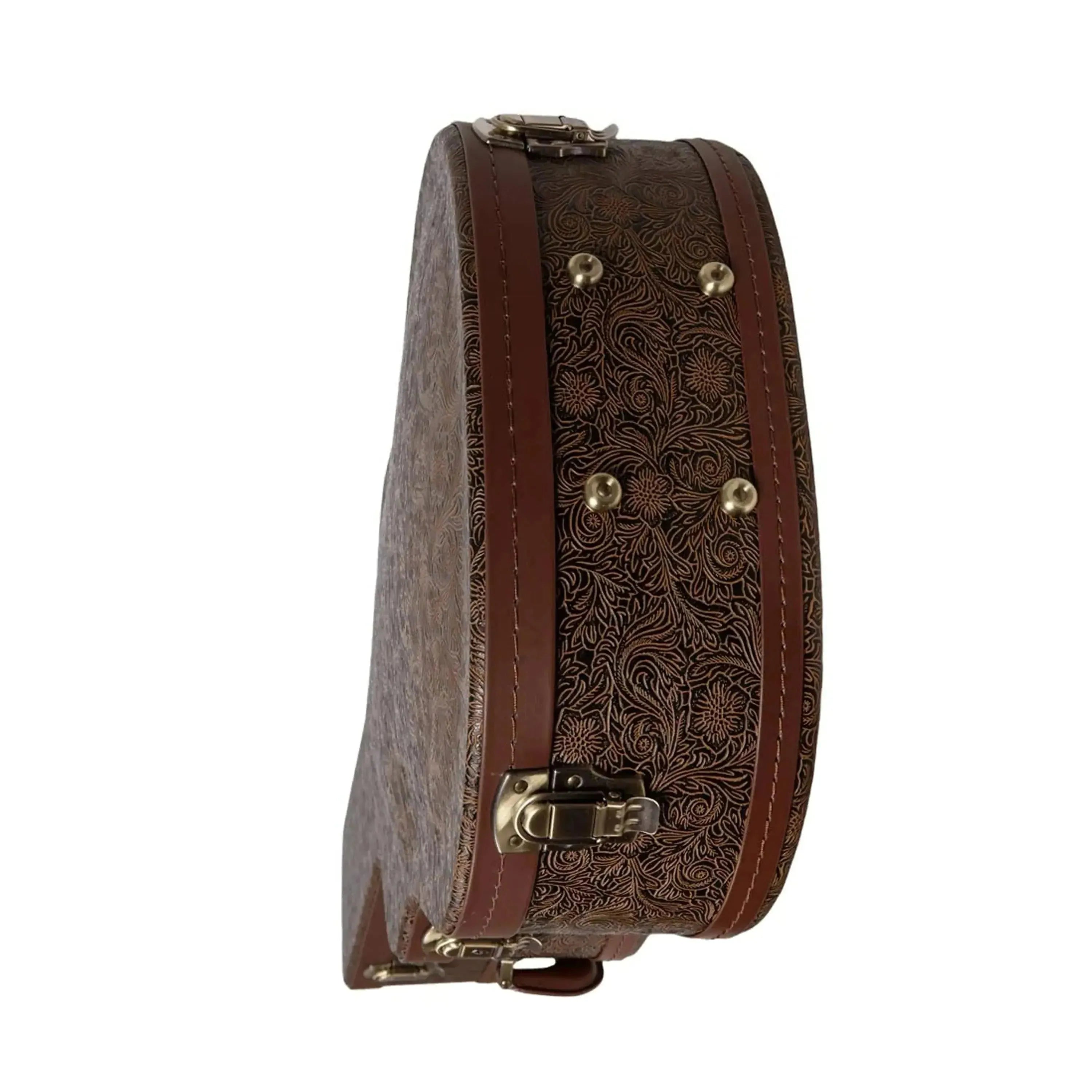 Crossrock Dreadnought guitar case with vintage flora embossing, brown espresso trim, and brass hardware.