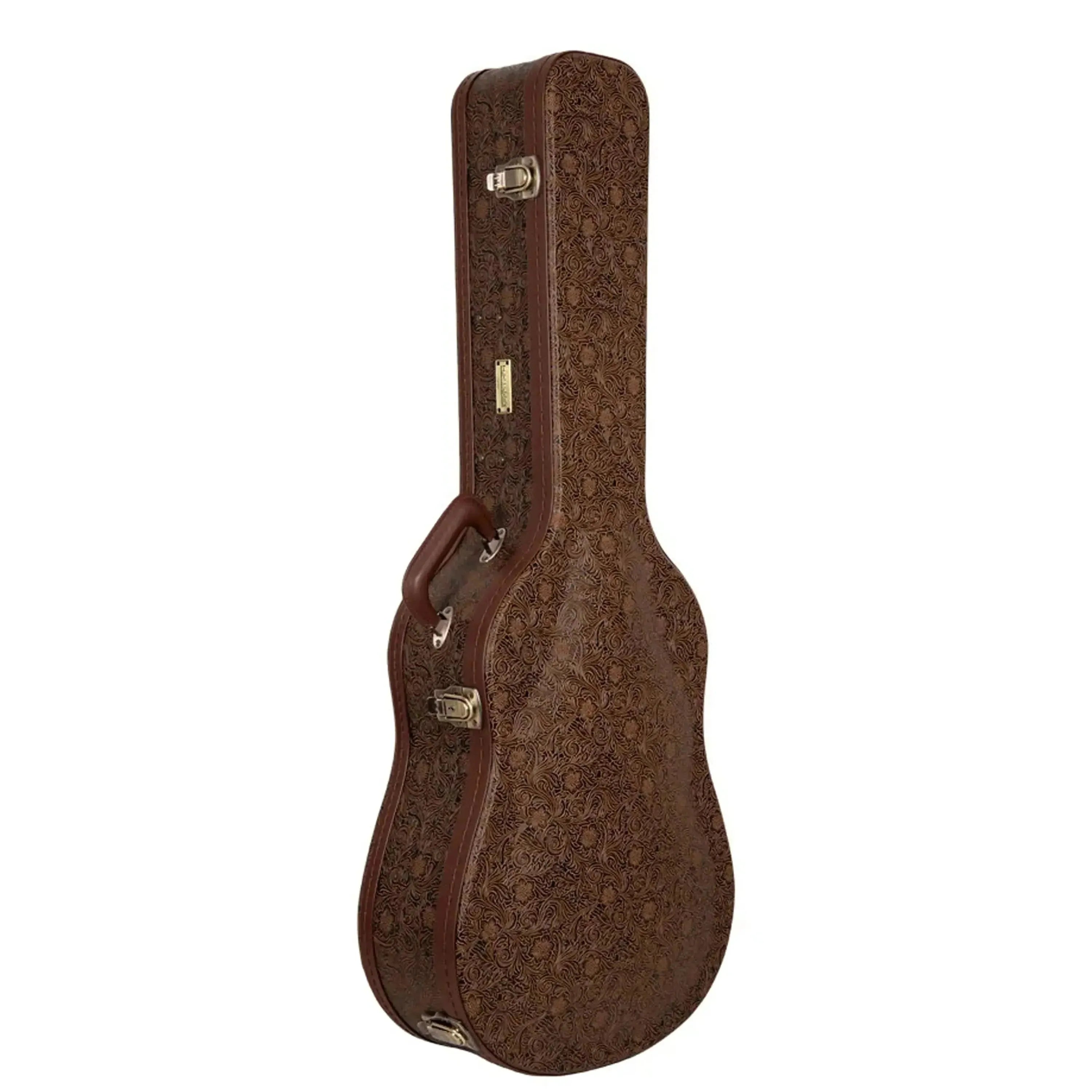 Crossrock Dreadnought guitar case with brown vintage flora embossed PVC and espresso trim.