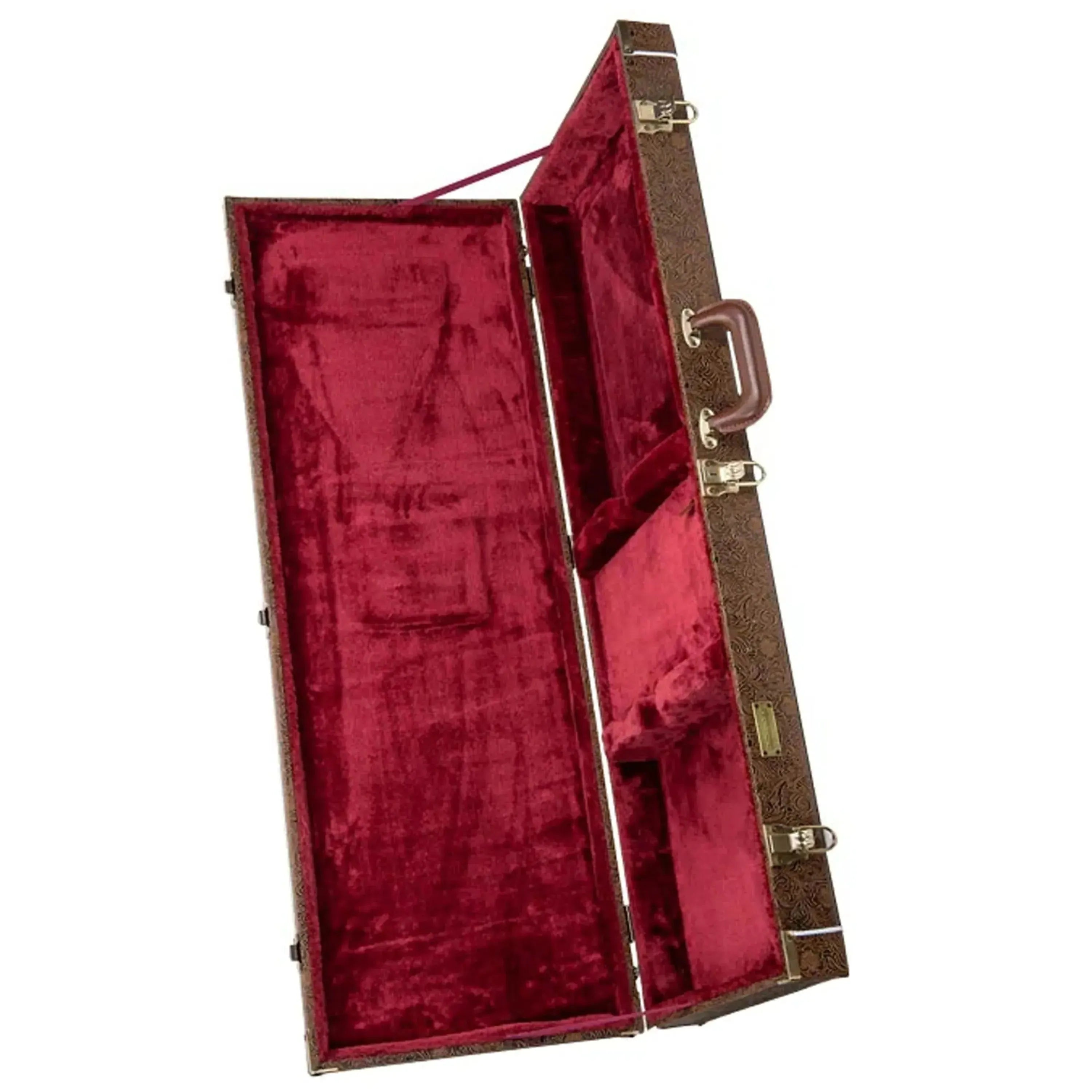 Crossrock CRW530E electric guitar case, open, showing blossom brown exterior and red velvet interior.