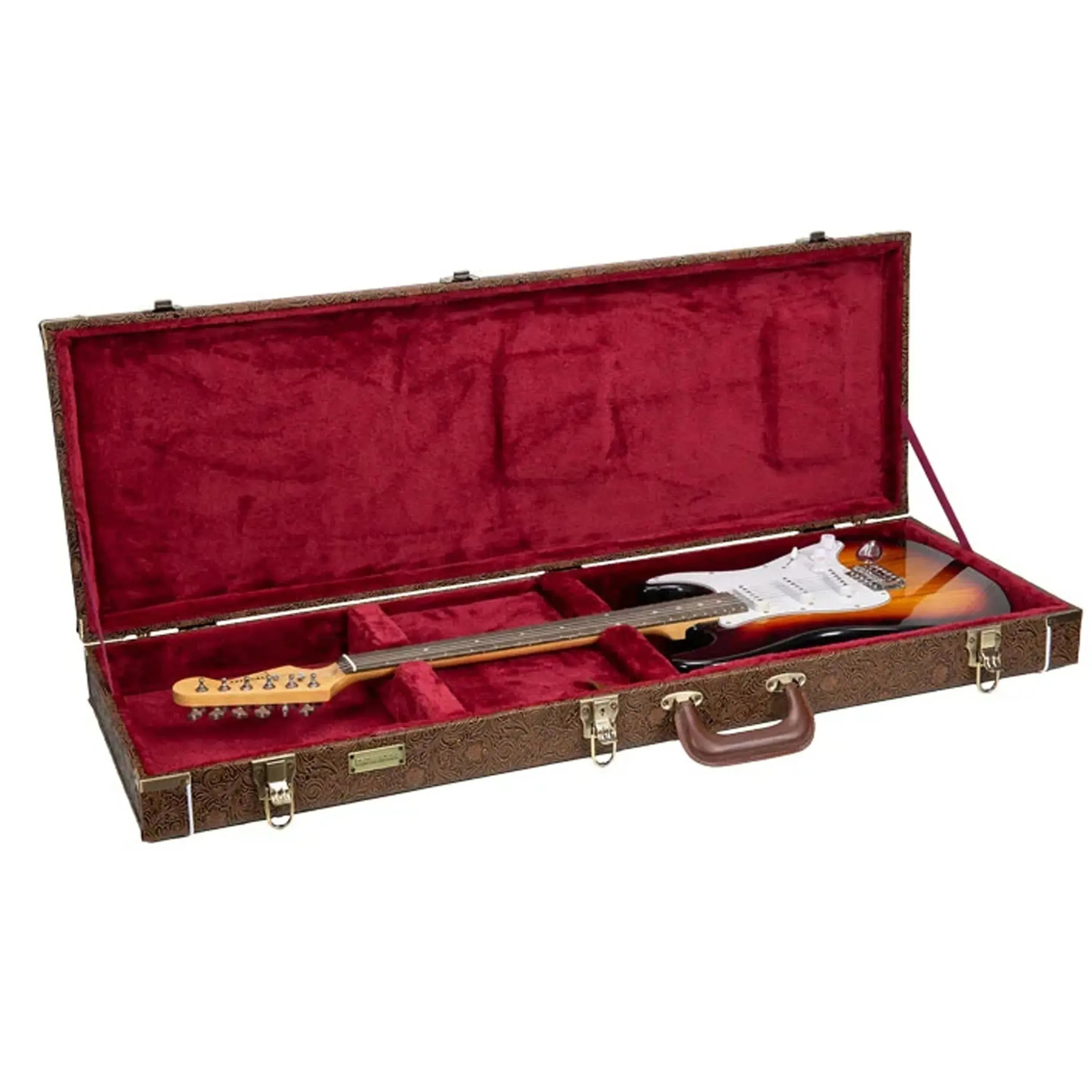Crossrock CRW530E Blossom Brown electric guitar case with a Stratocaster inside, red velvet interior.