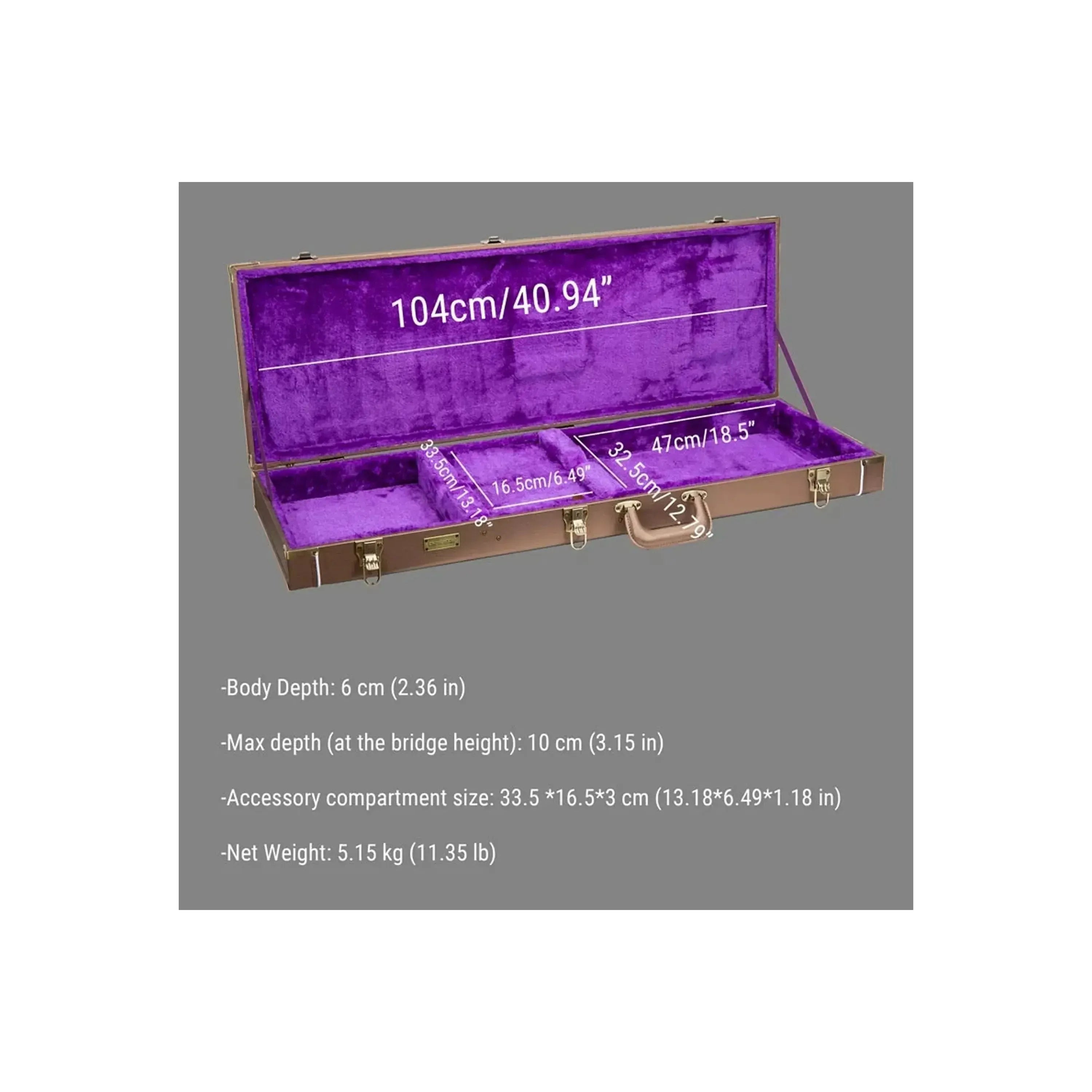 Crossrock CRW530E electric guitar case, open, revealing purple velvet interior and dimensions.