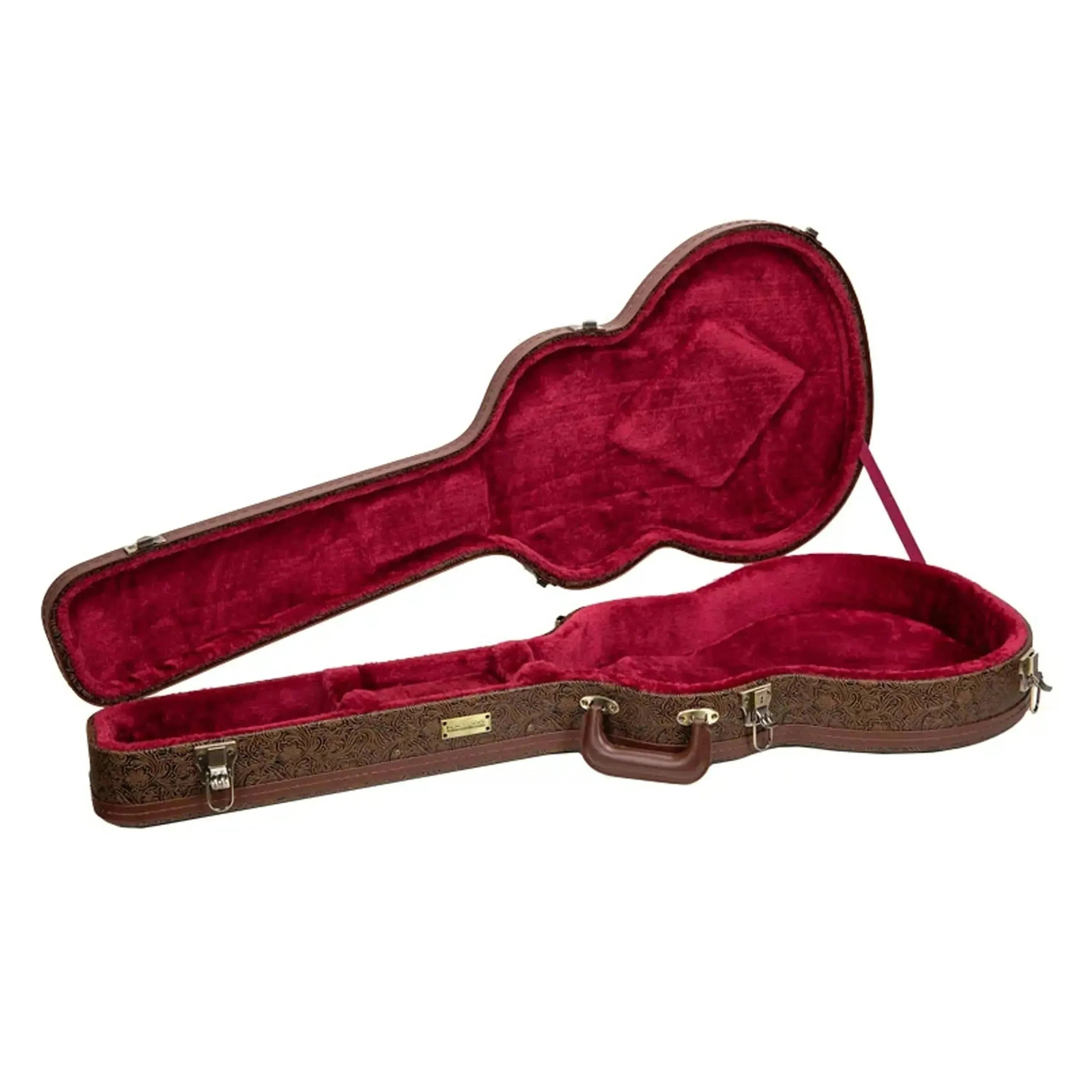 Crossrock CRW530SA 335 style semi-hollow electric guitar case, open, with brown blossom-embossed exterior and red velvet interior.