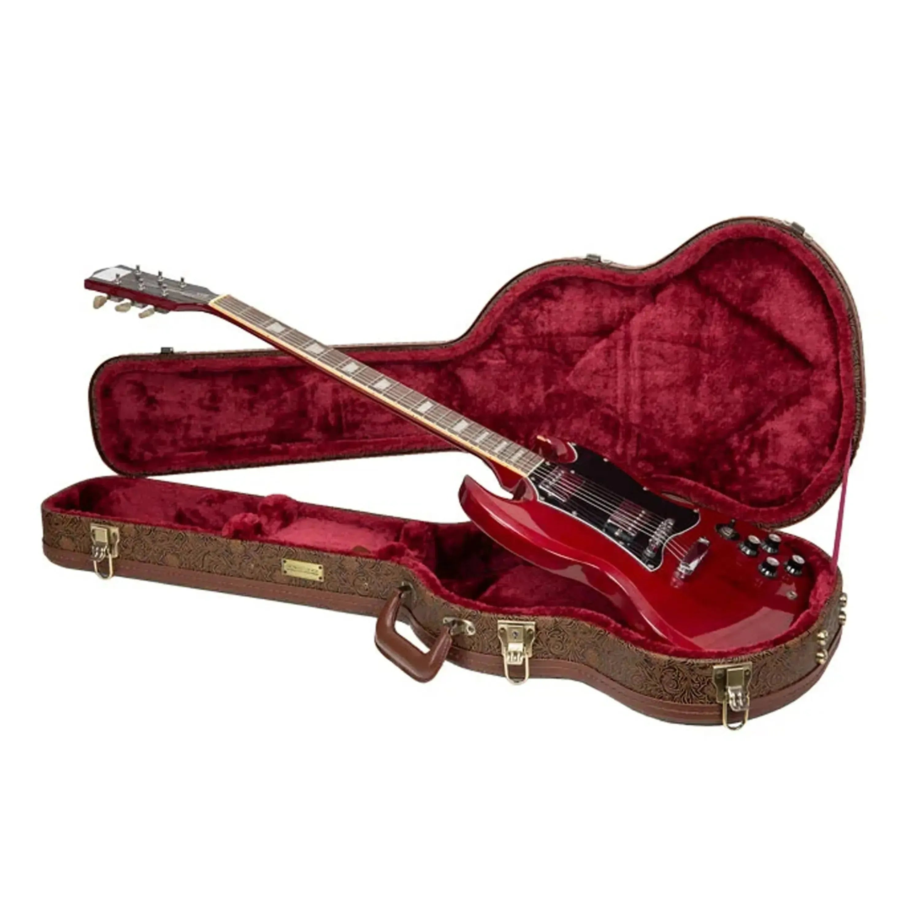 Crossrock CRW530SG Gibson SG style electric guitar case in blossom brown with a red SG guitar.