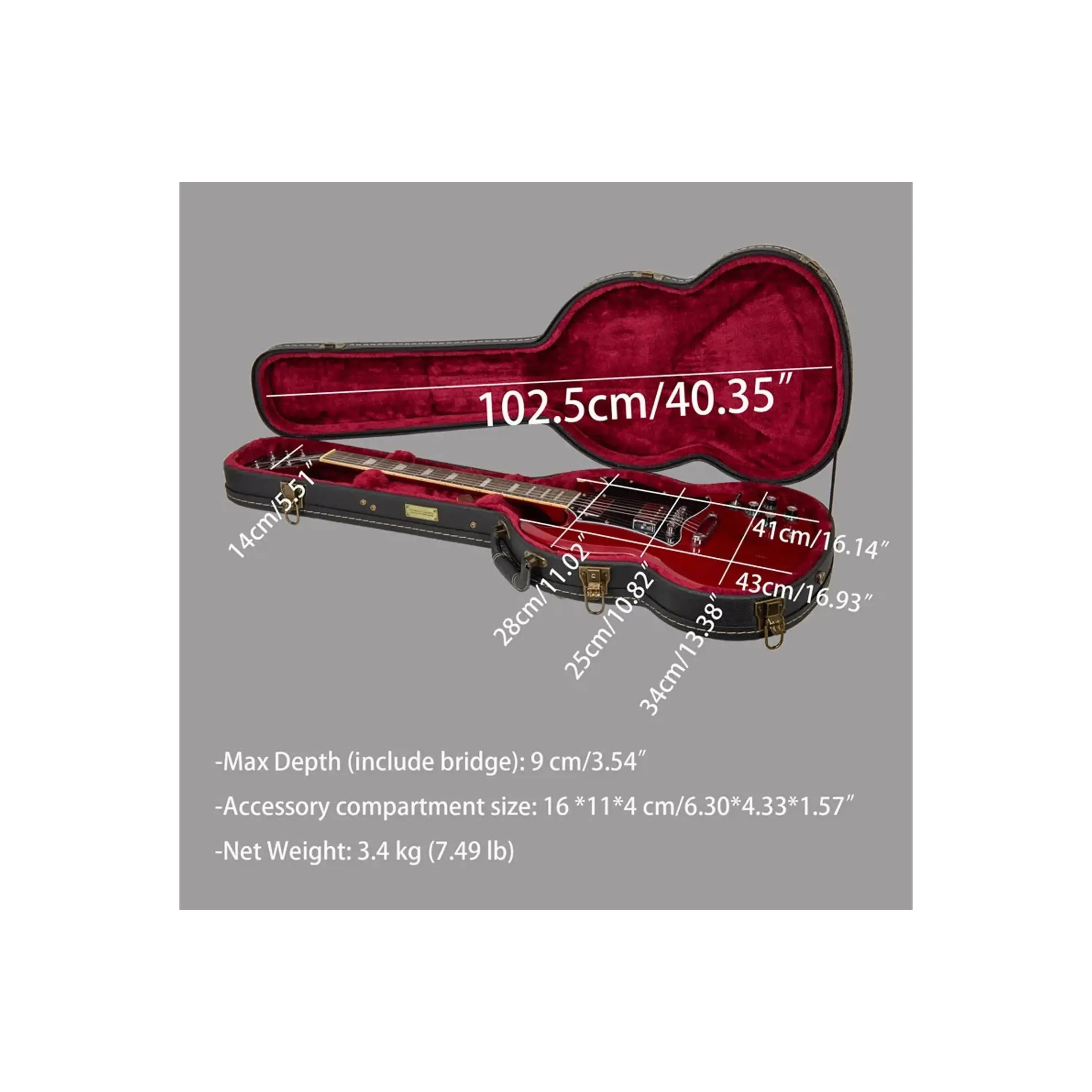 Crossrock CRW530SG Gibson SG style electric guitar case with red interior and dimensions.