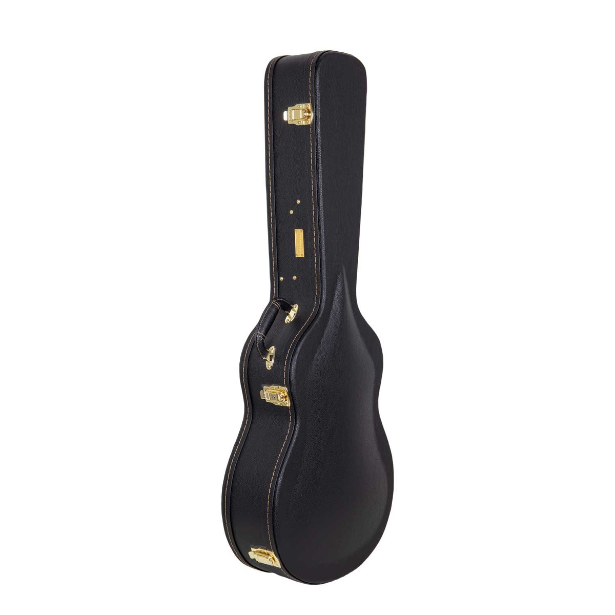 Crossrock CRW620-0012BK black wood parlor guitar case standing upright, closed, with gold latches and handle.